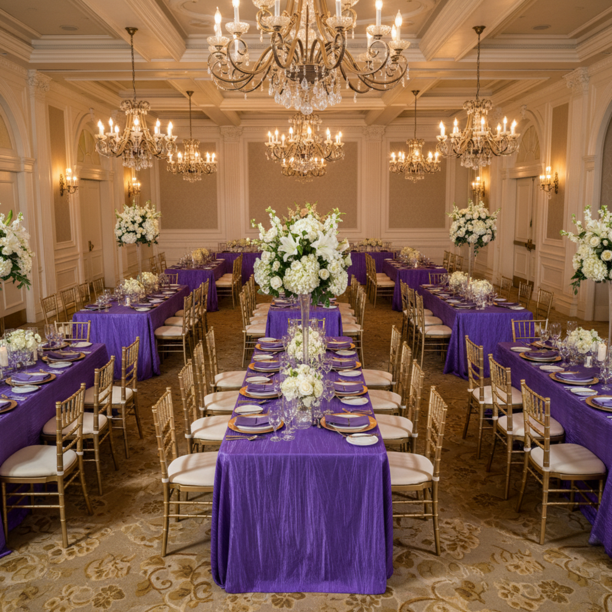 Indoor Ballroom Top View – Purple Accordion Crinkle Tablecloth