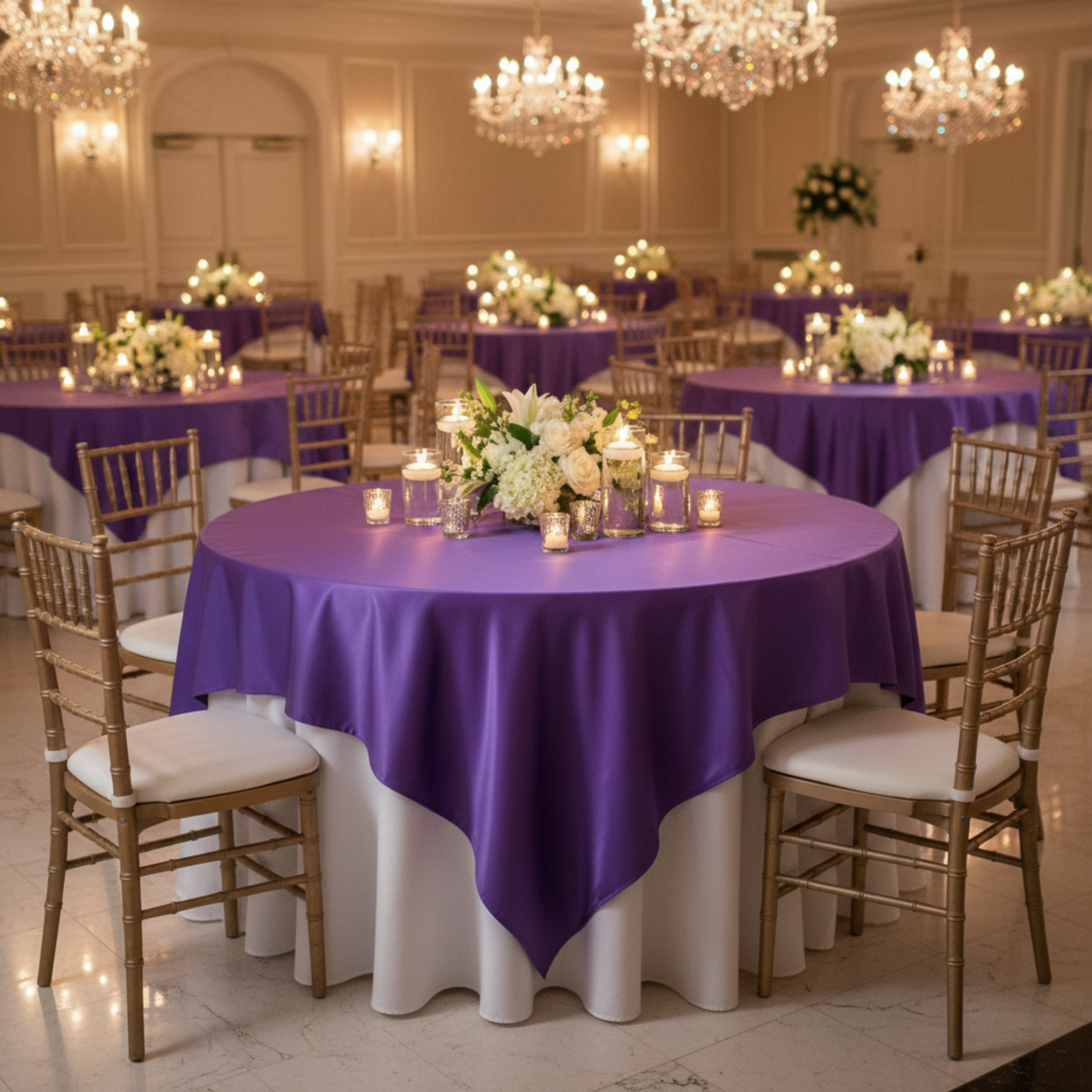 Indoor ballroom with purple satin overlay
