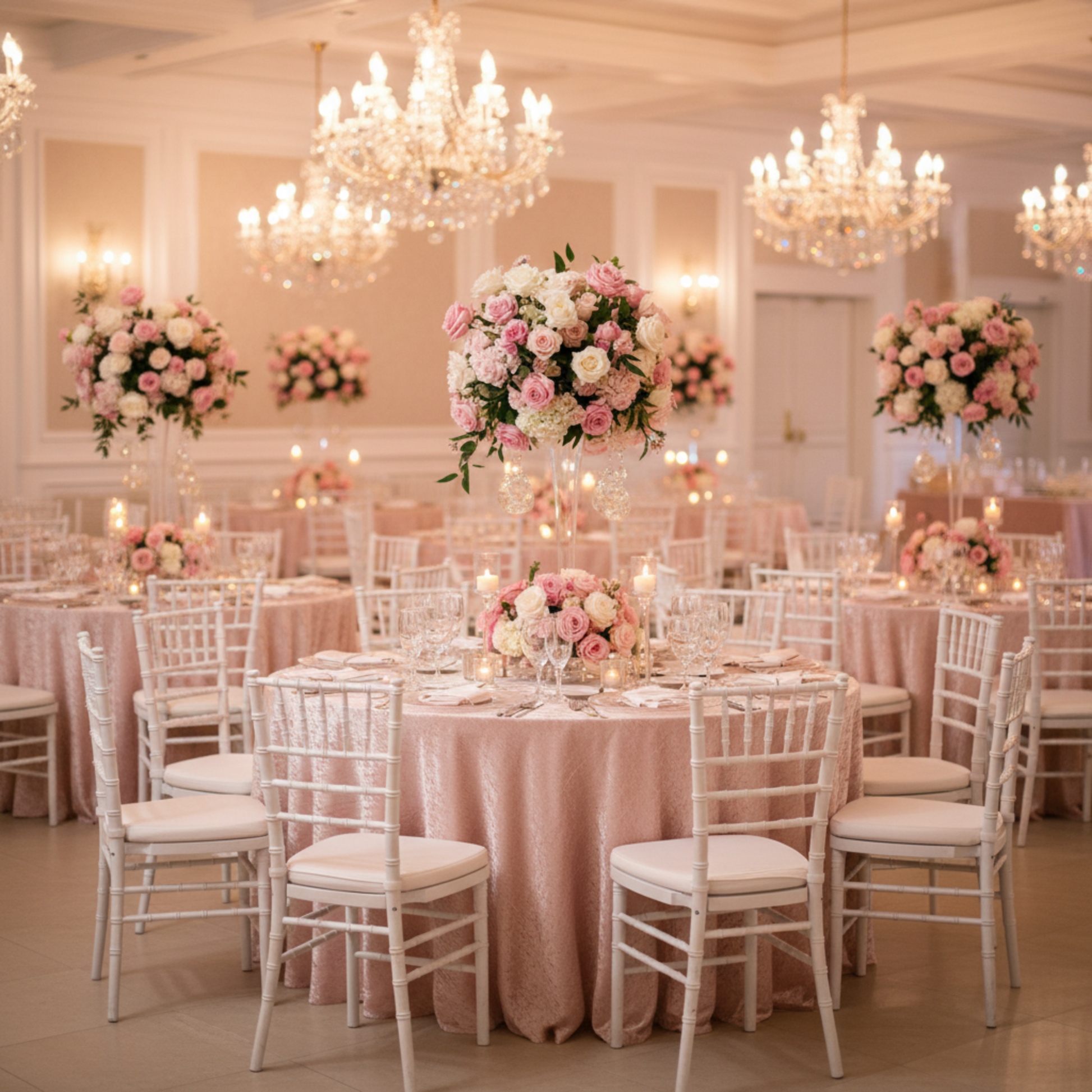 Indoor Ballroom Reception Blush/Rose Gold Crinkle Shimmer 132" Round Tablecloth