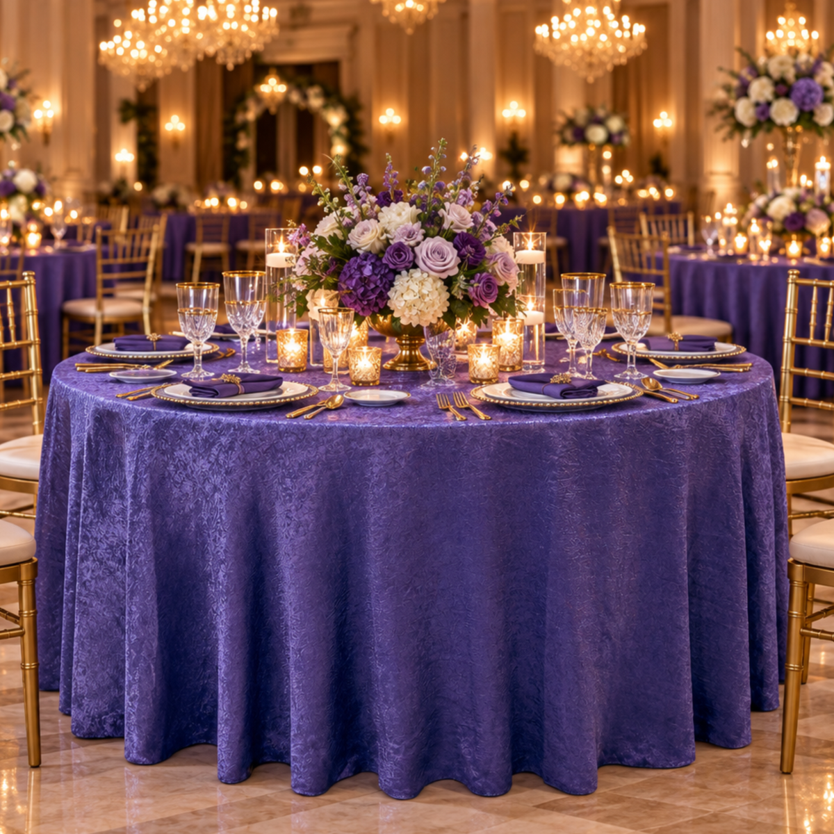 Indoor ballroom scene with purple crinkle shimmer tablecloth