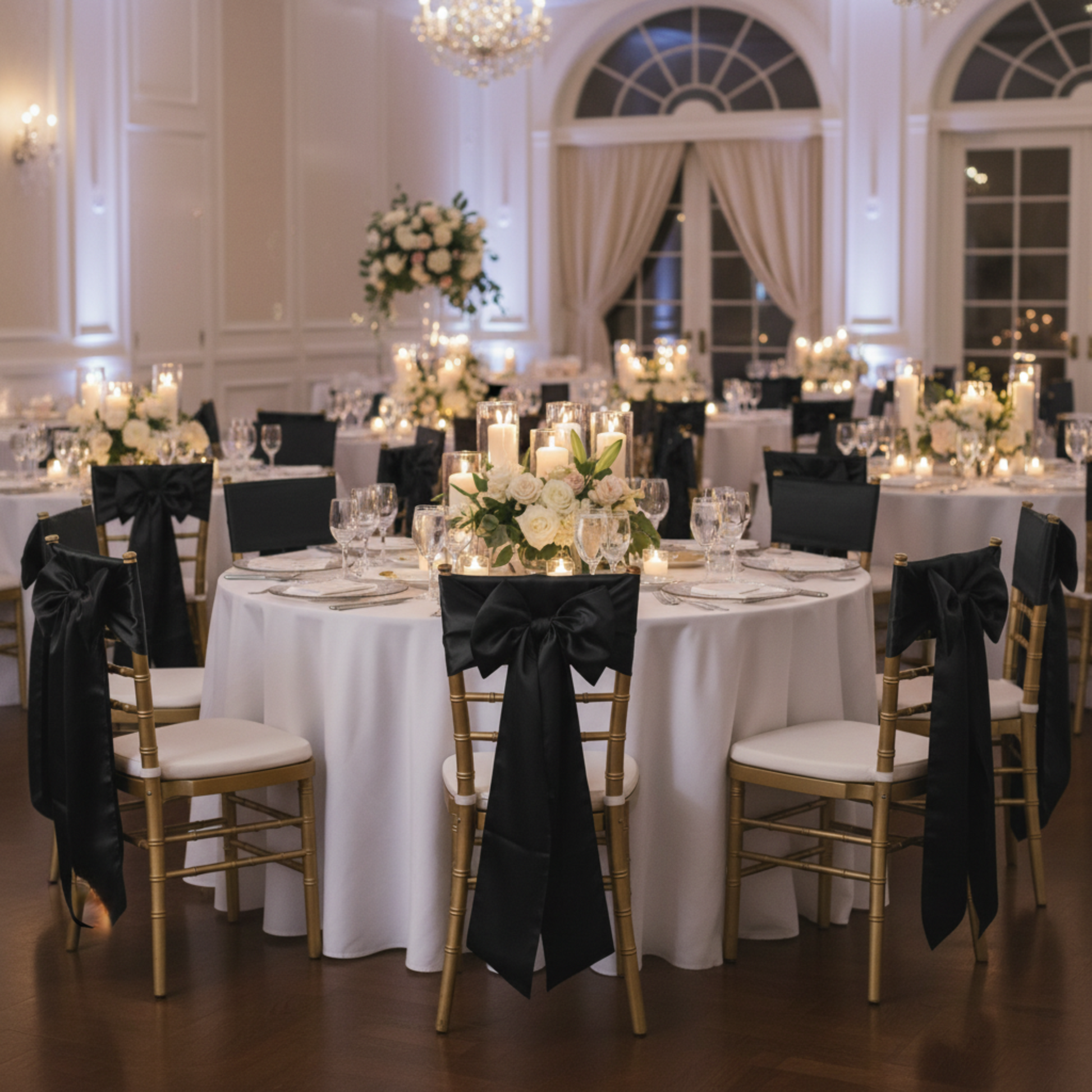 Indoor Ballroom Wedding Black Wide Satin Chair Sash 