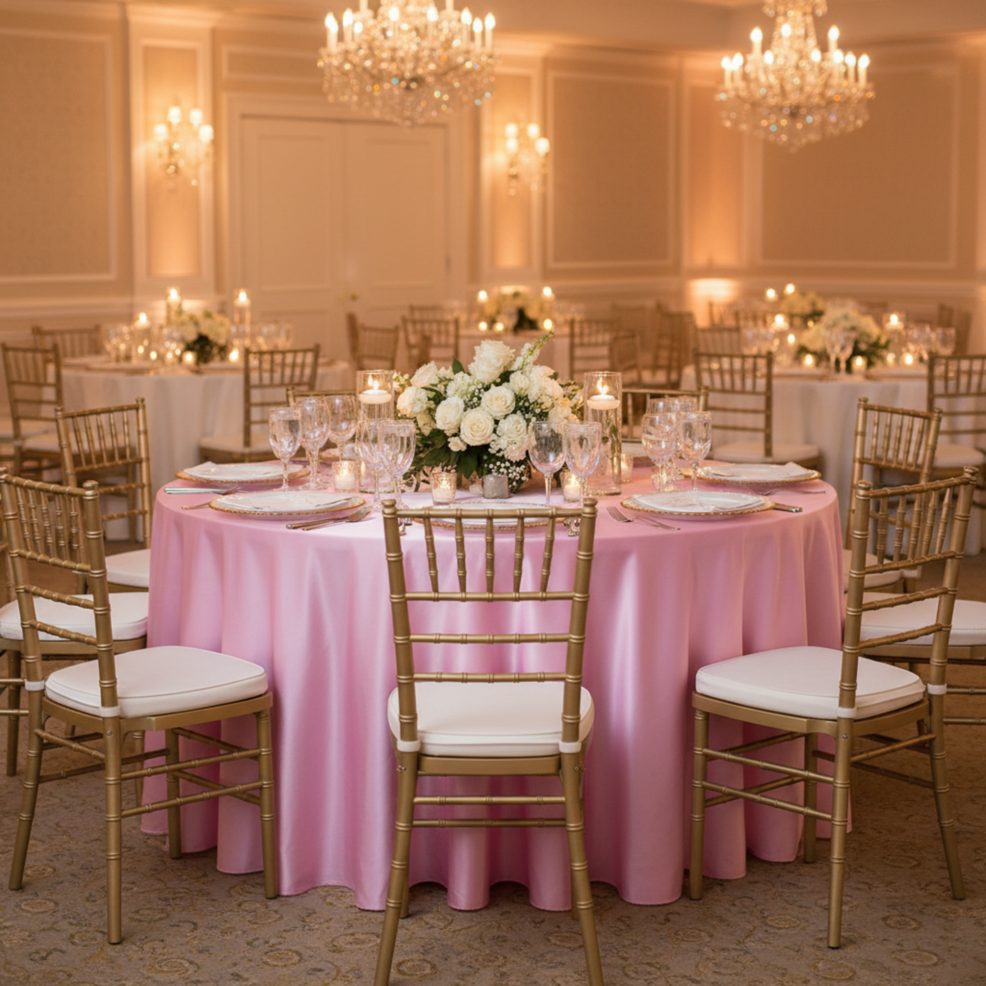 Indoor Ballroom Wedding Medium Pink 132 Round Satin Round Tablecloth 