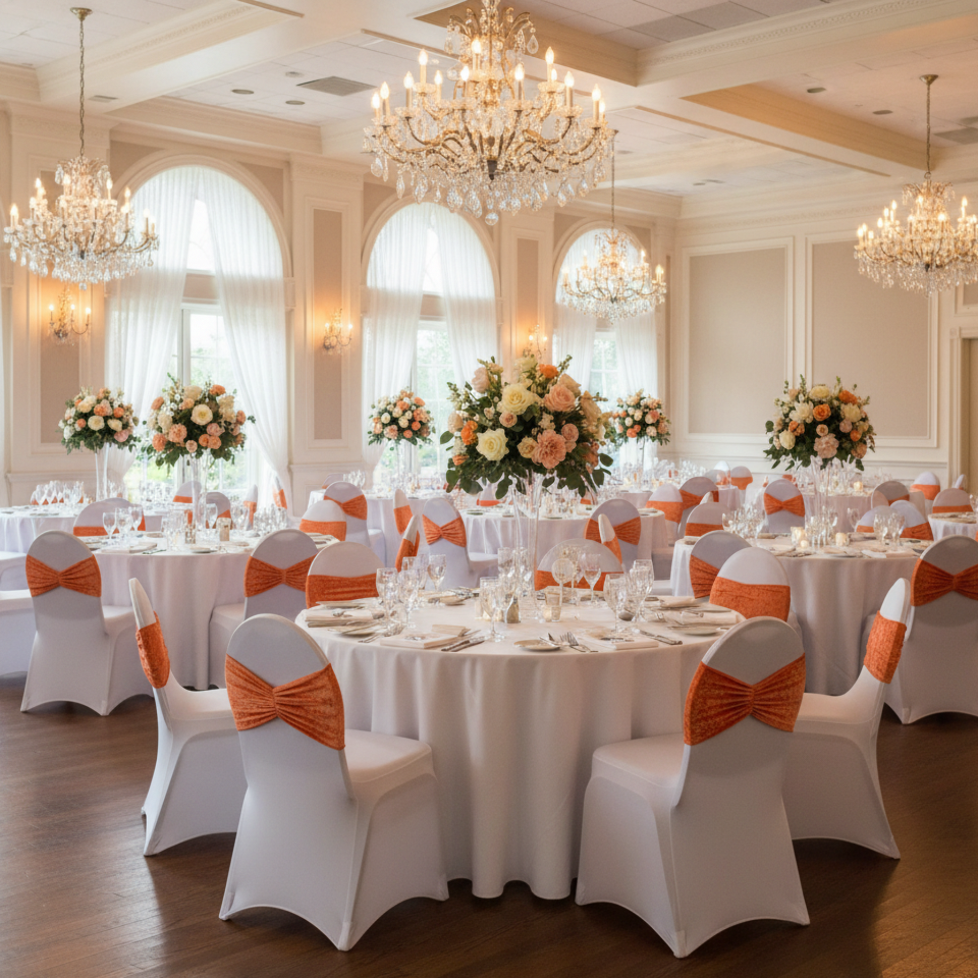 Indoor ballroom wedding with orange velvet ruffle chair bands