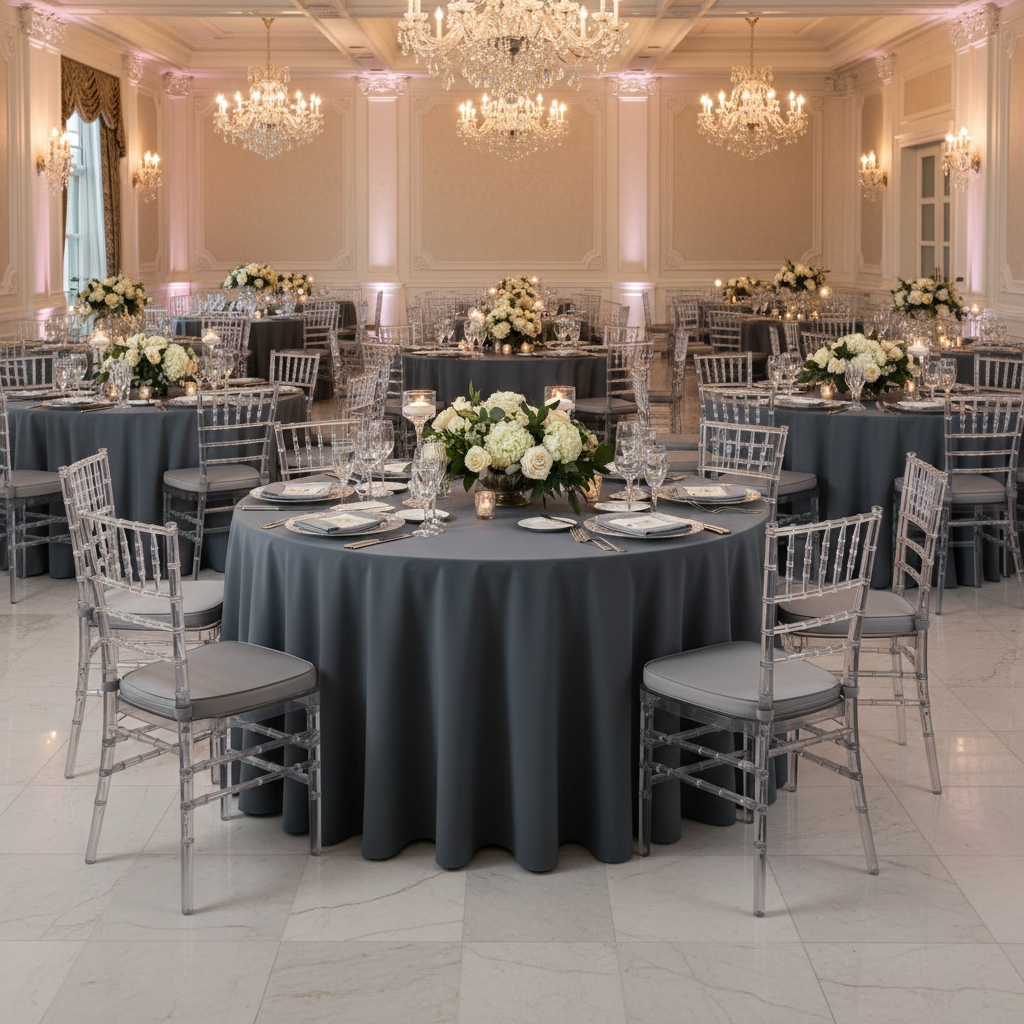 Indoor Ballroom Wedding Reception – Dark Gray Pewter Tablecloth