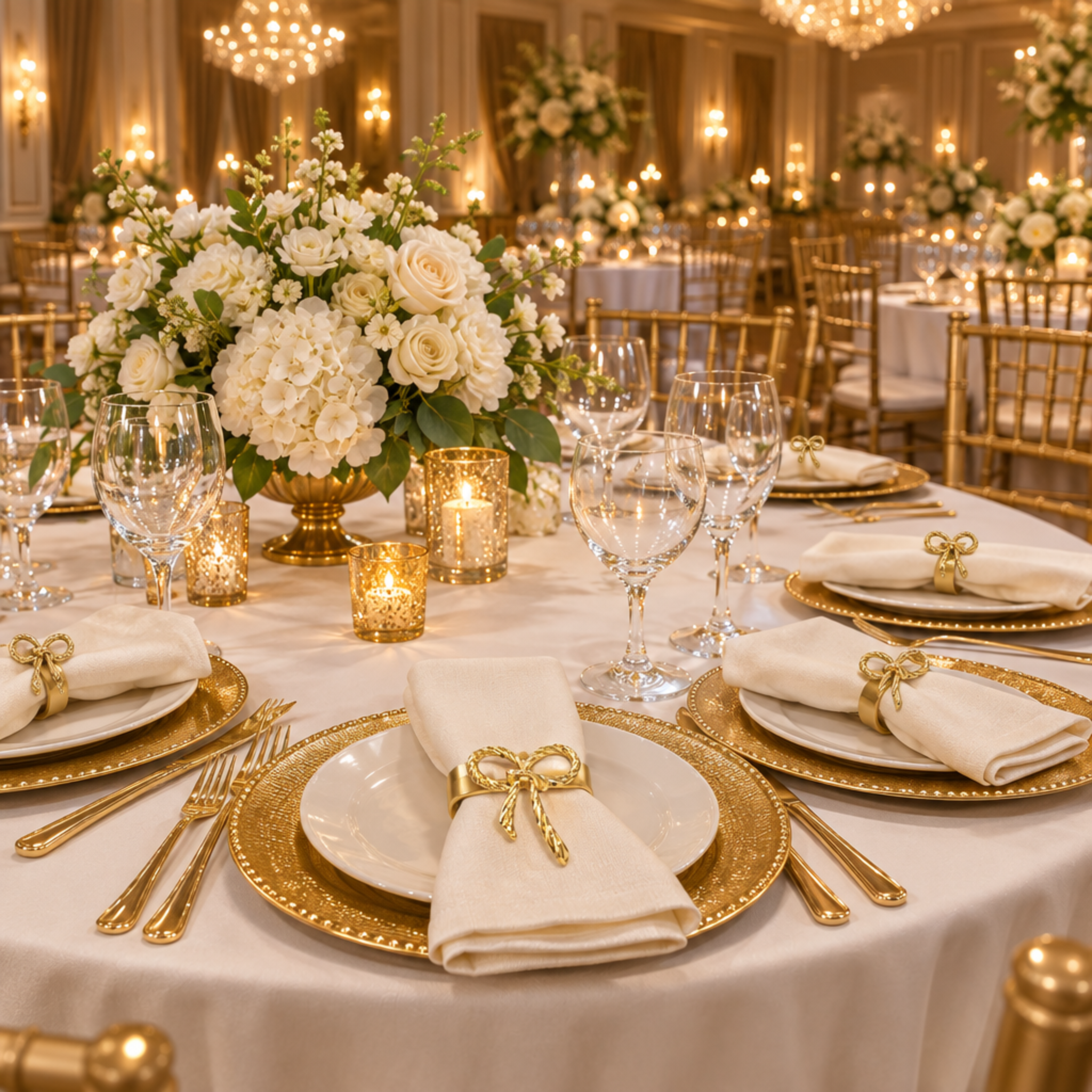 Indoor ballroom wedding reception with gold rope bow napkin rings