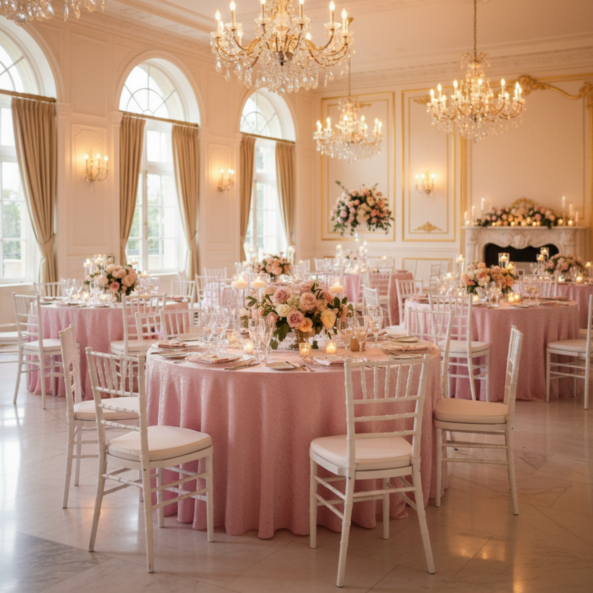 Indoor Ballroom Wedding Reception – Pink 132 Round Crinkle Shimmer Tablecloth