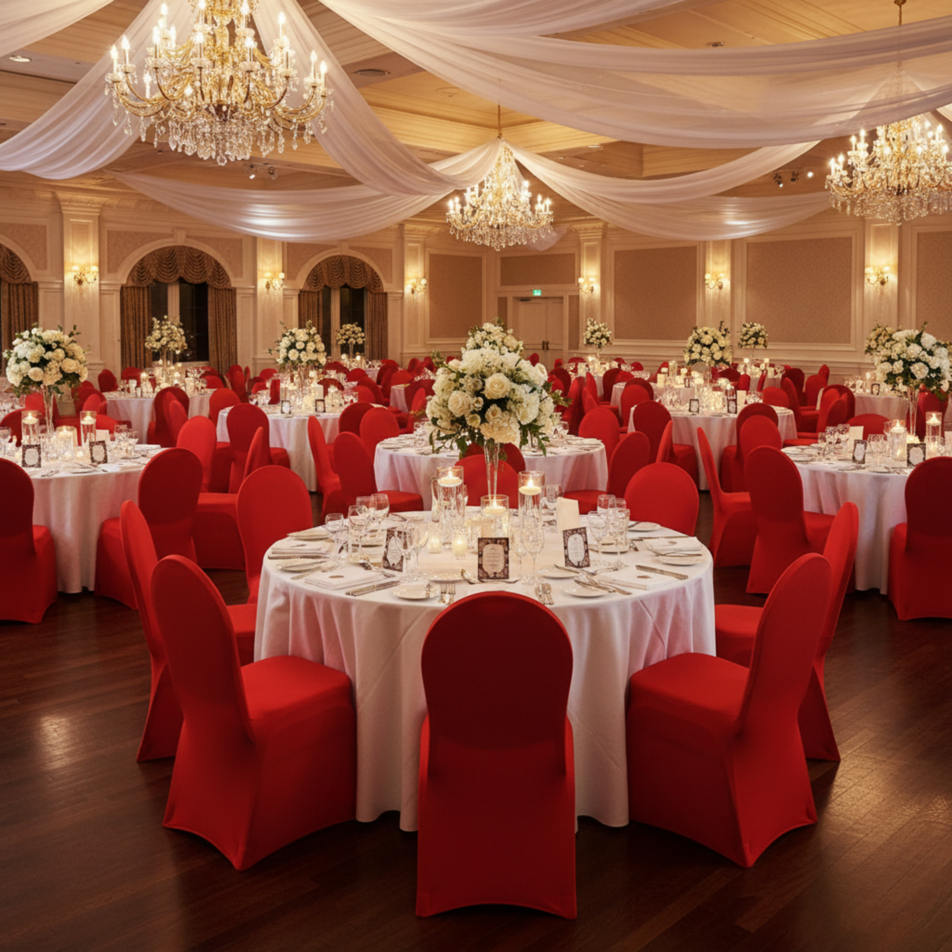 Indoor Ballroom Wedding Reception with Red Spandex Banquet Chair Cover