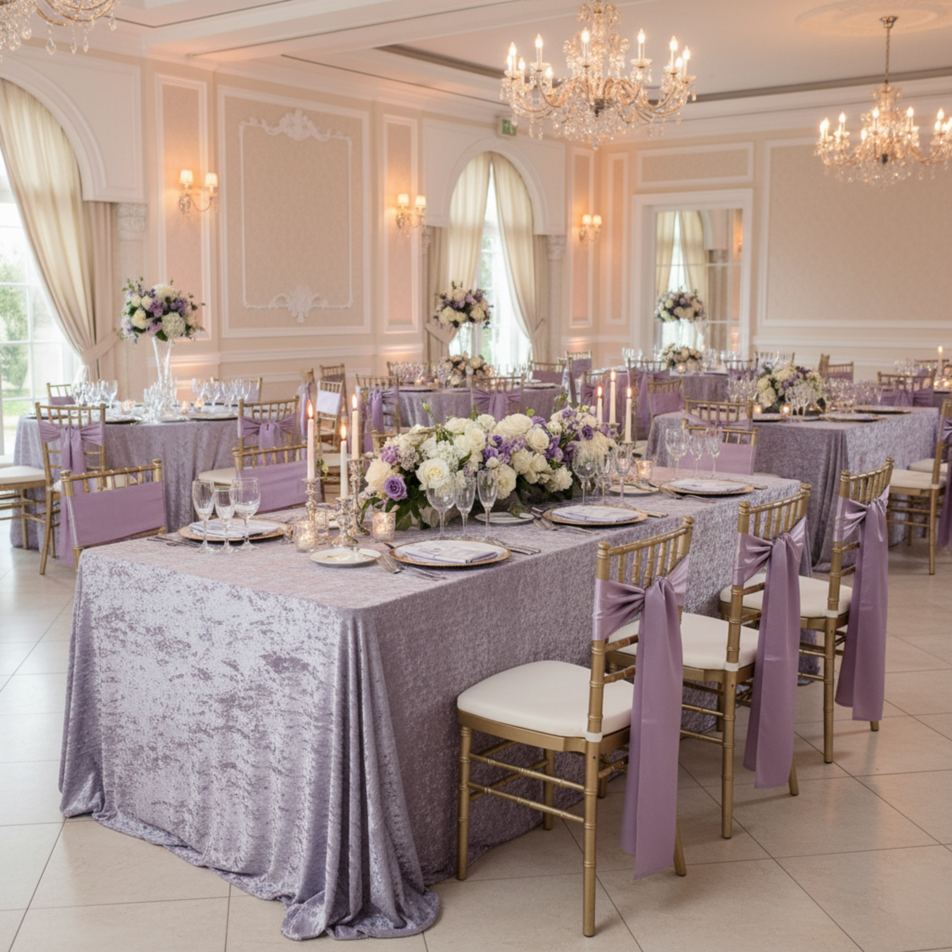 Indoor Wedding Reception – Victorian Lilac Velvet Tablecloth