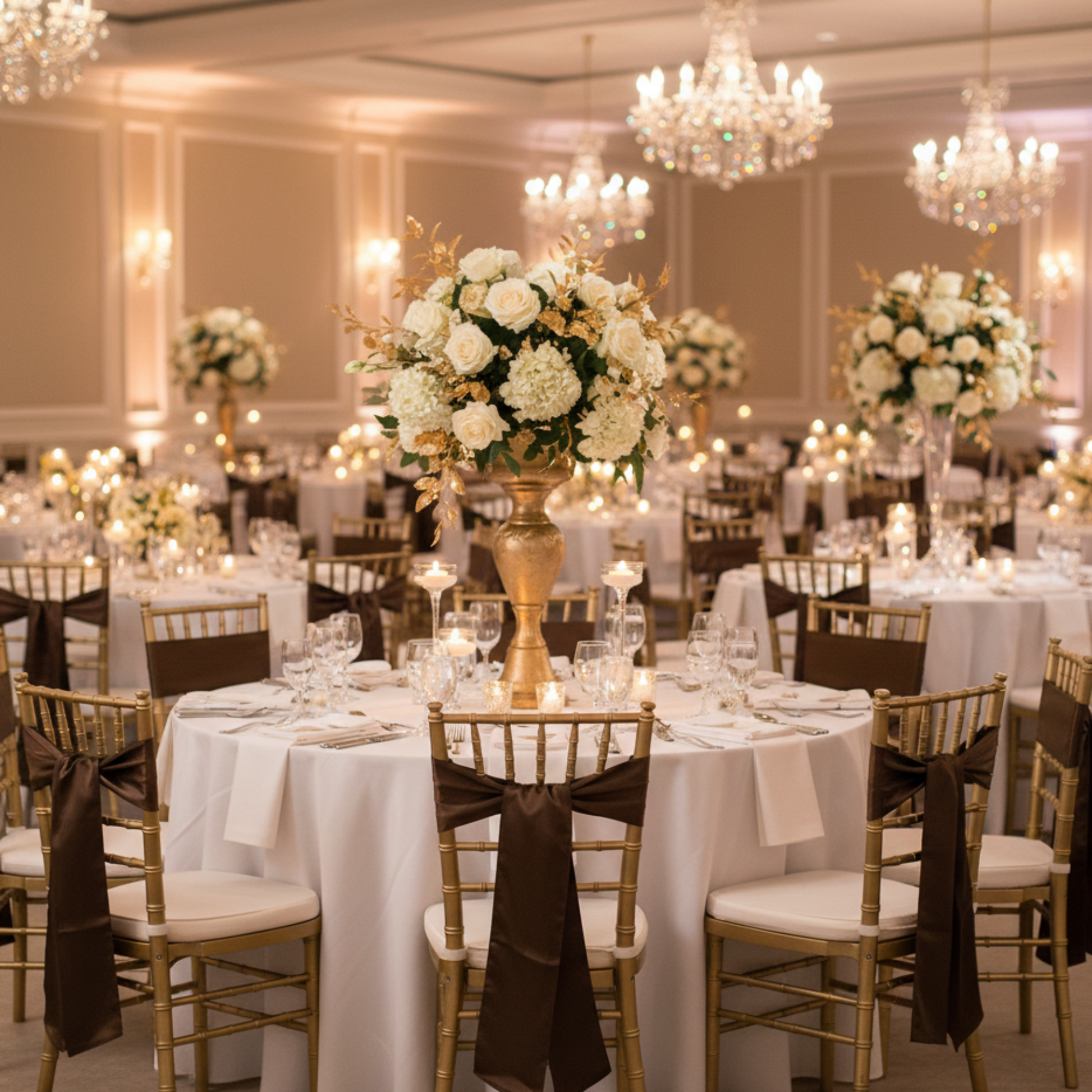 Indoor Ballroom Wedding Chocolate Brown Standard Satin Chair Sash Size: 6 X 108 in | Wedding | Event | Wholesale by CV Linens