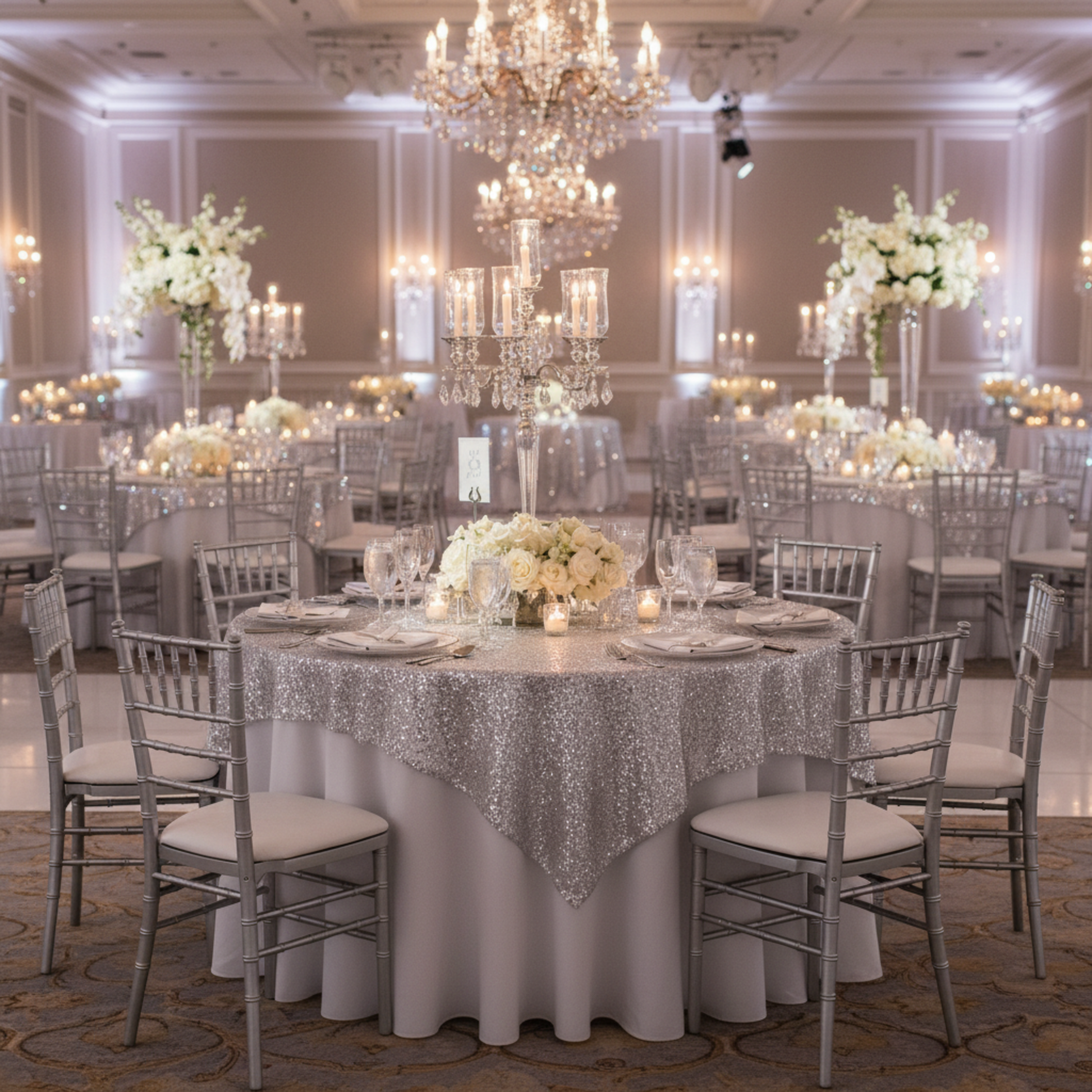 Indoor Ballroom Wedding Silver Glitz Sequin 72x72 Table Overlay Topper Square 