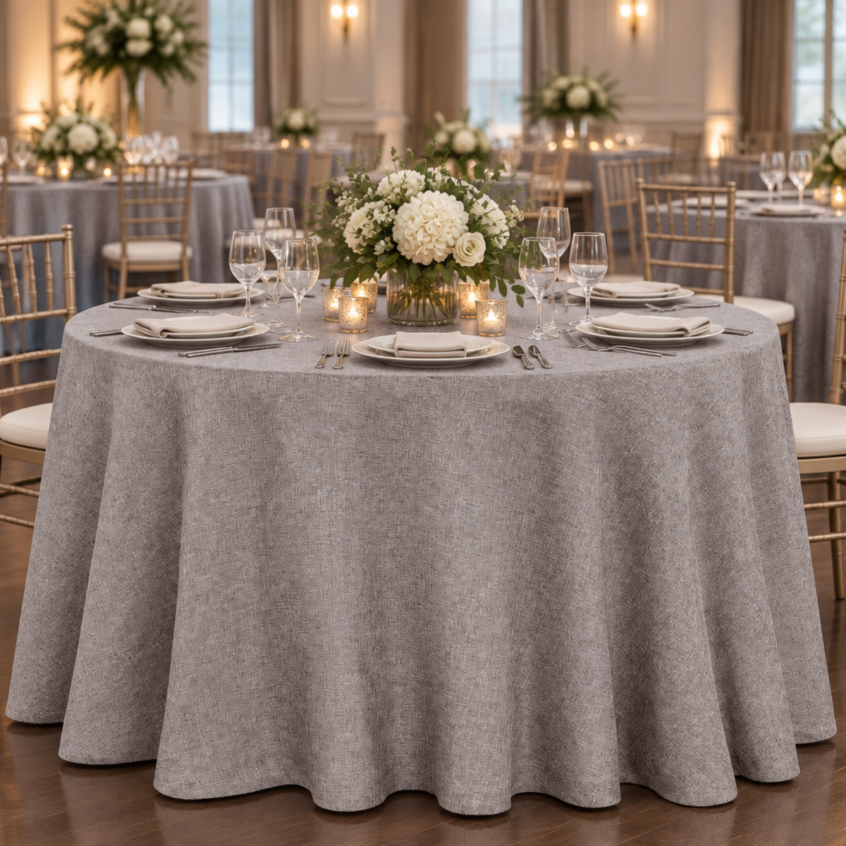 Indoor banquet tablecloth scene
