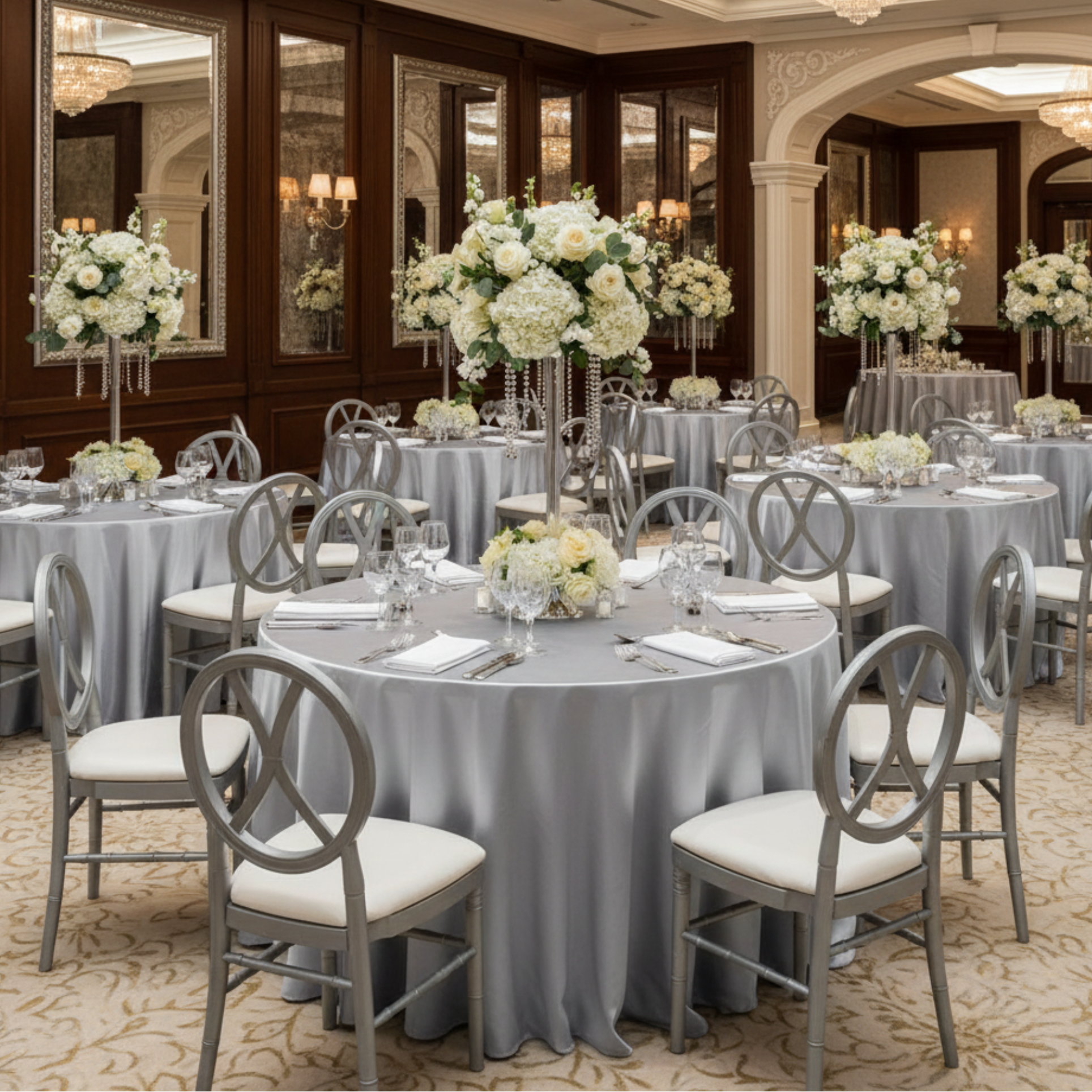 Indoor banquet hall with silver satin tablecloths