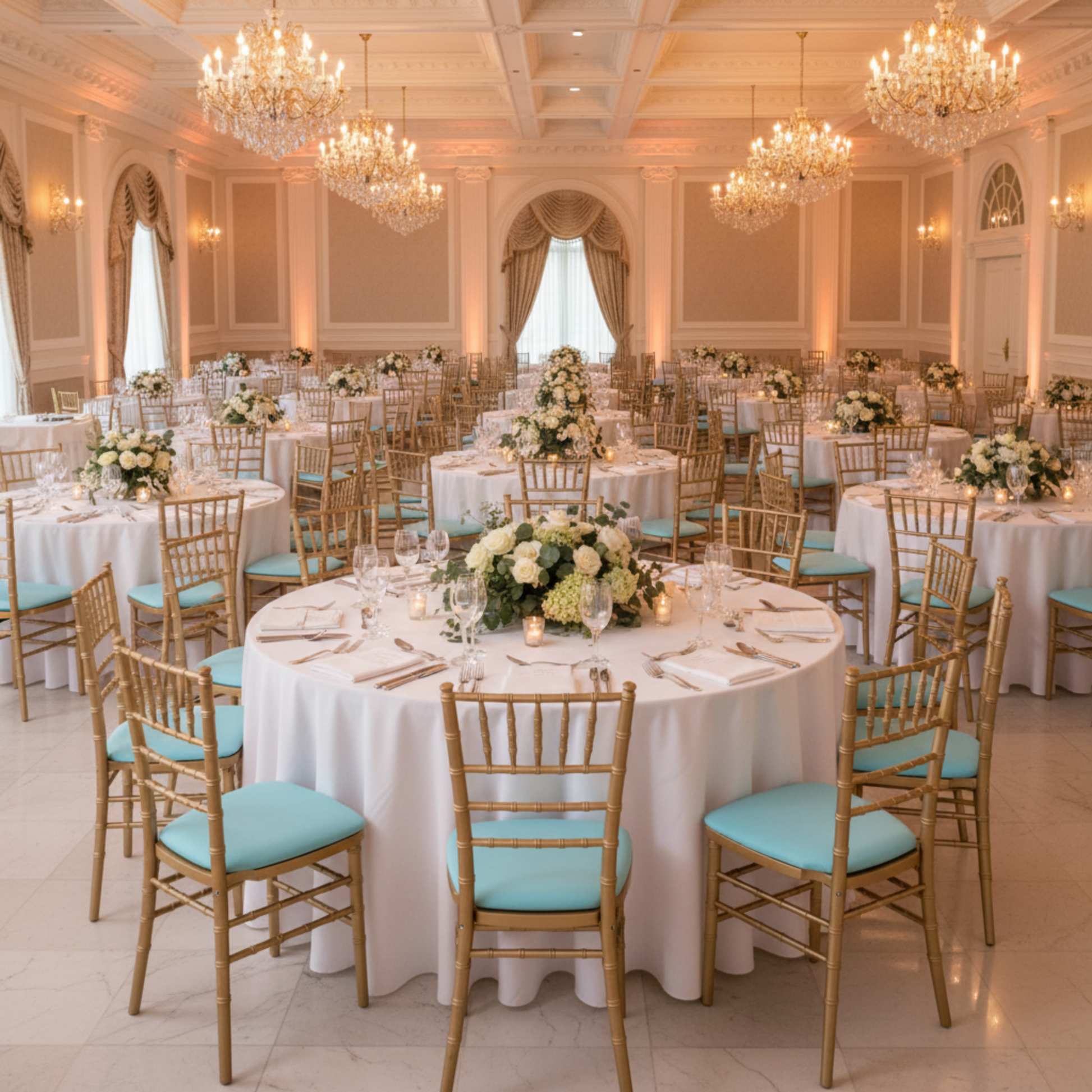 Indoor Banquet Hall - Baby Blue Chiavari Seat Pad Covers