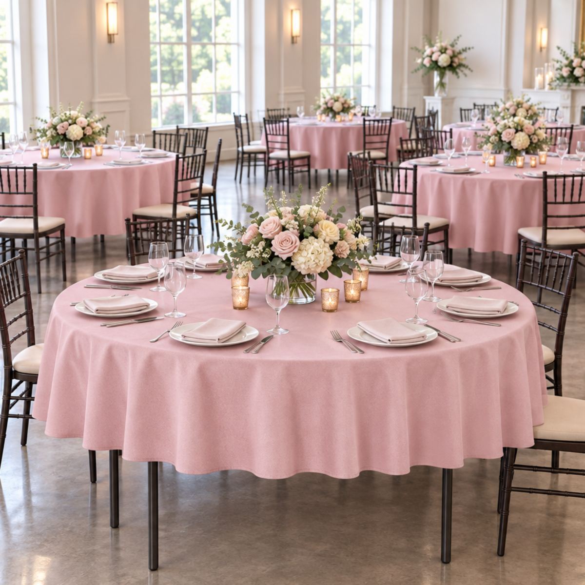 Indoor banquet hall with matching dusty rose tablecloths and visible table legs, raised angle