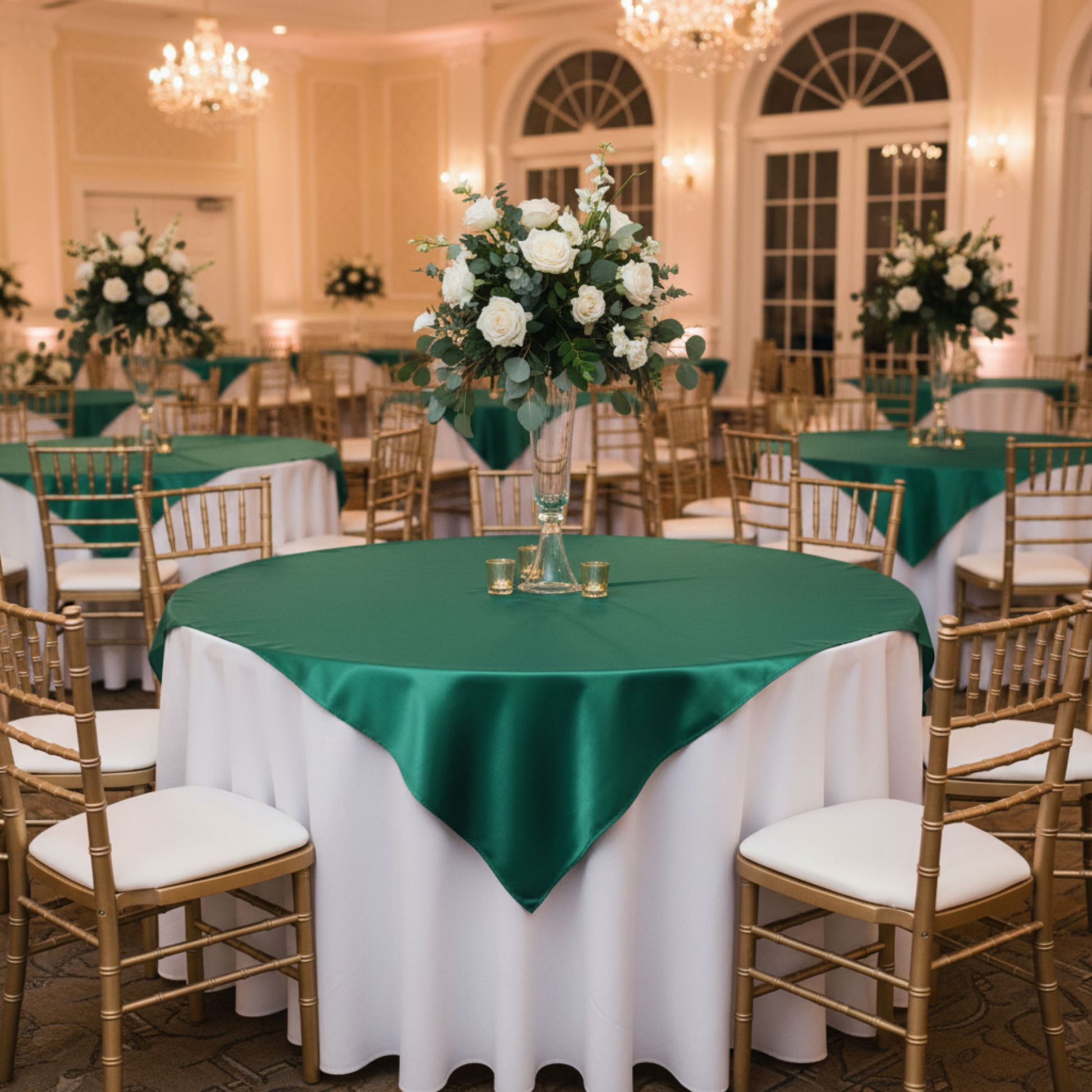 Indoor banquet hall with emerald green satin overlays