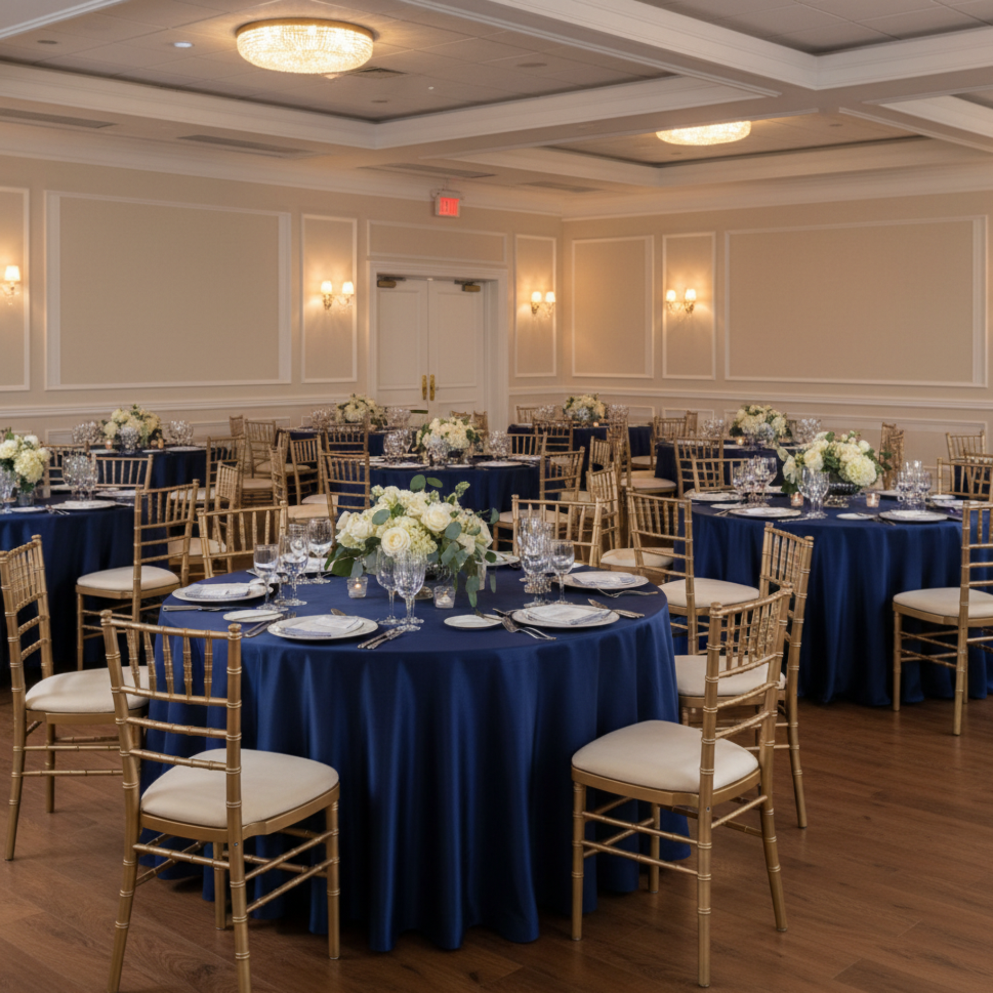 Indoor Banquet Hall with Navy Blue Satin Tables