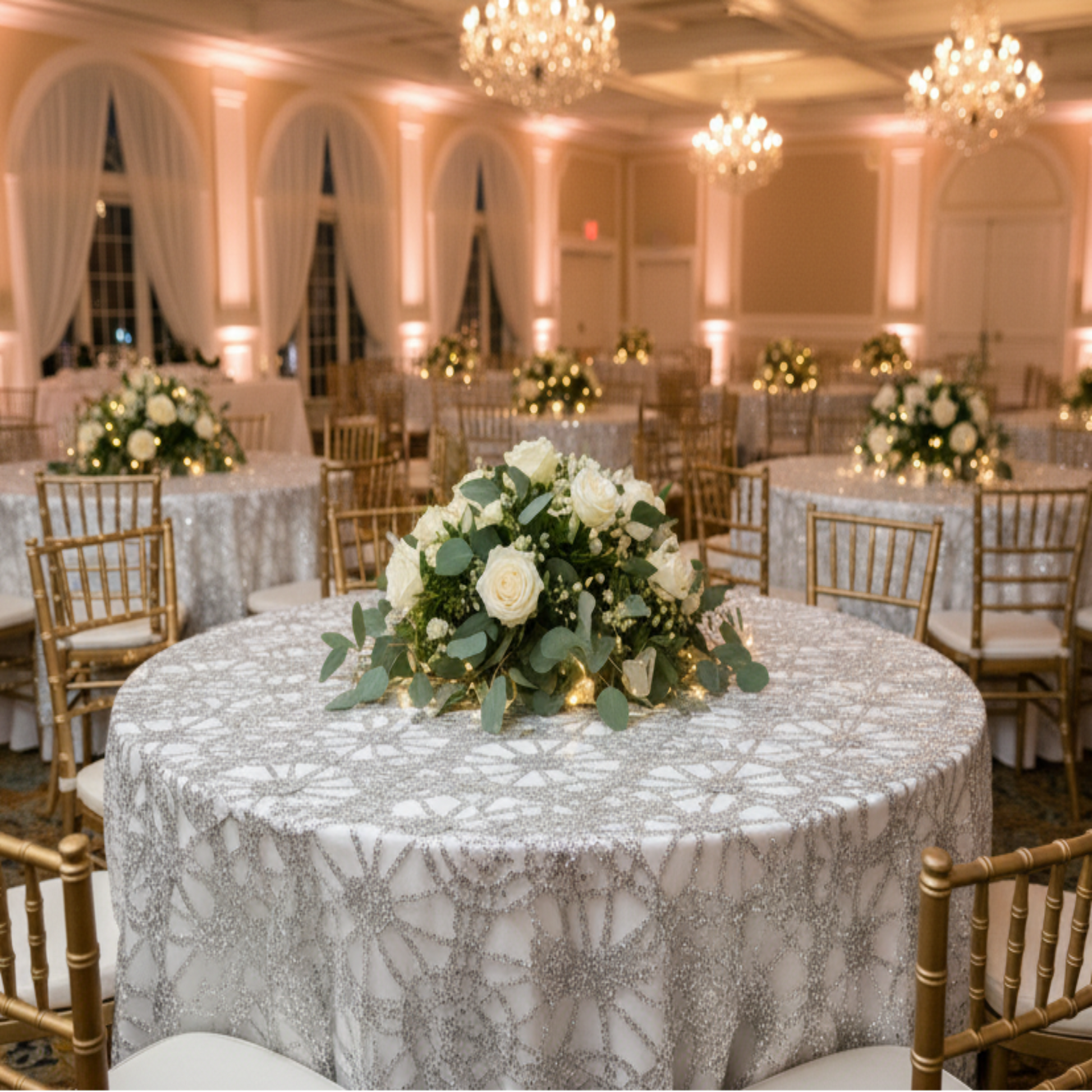 Indoor banquet hall with silver lace table overlay