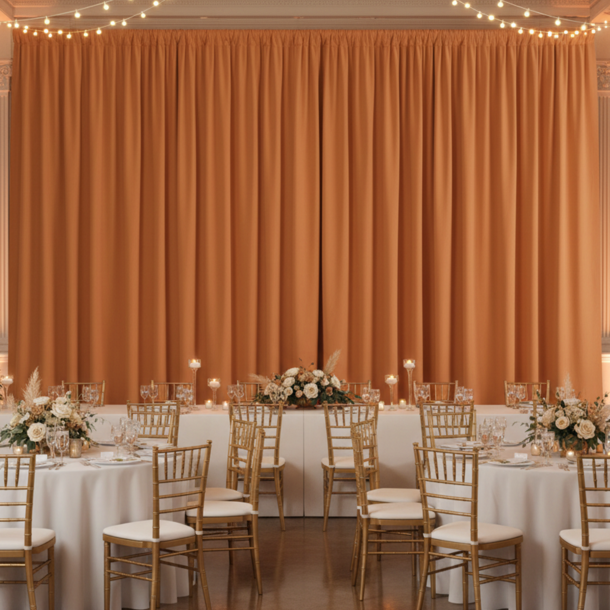 Indoor banquet hall with terracotta drapes