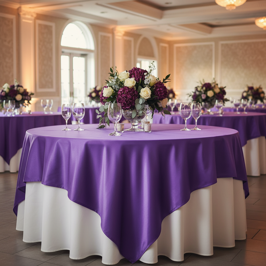 Indoor banquet hall with purple satin overlay