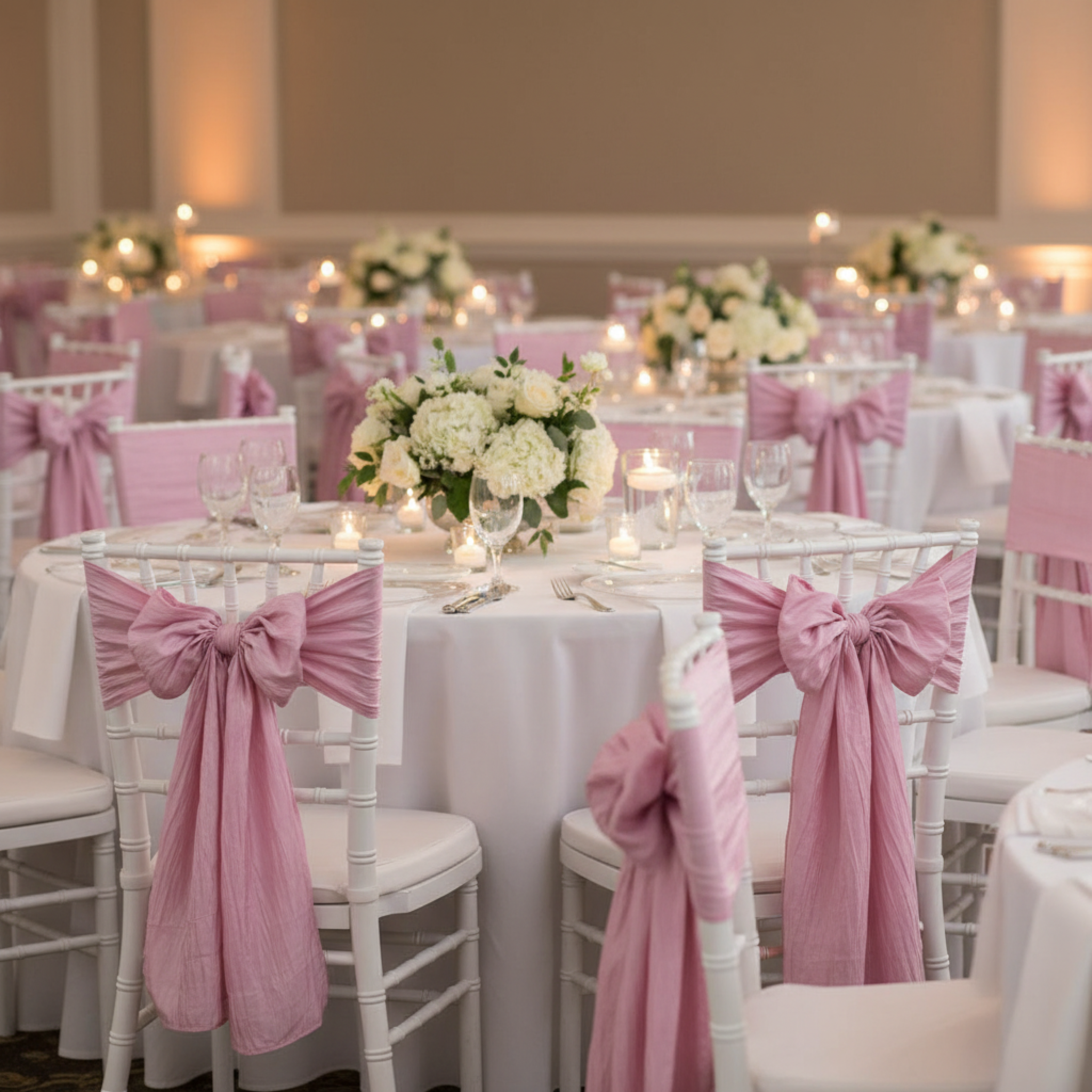 Indoor banquet with dusty rose pink chair sashes