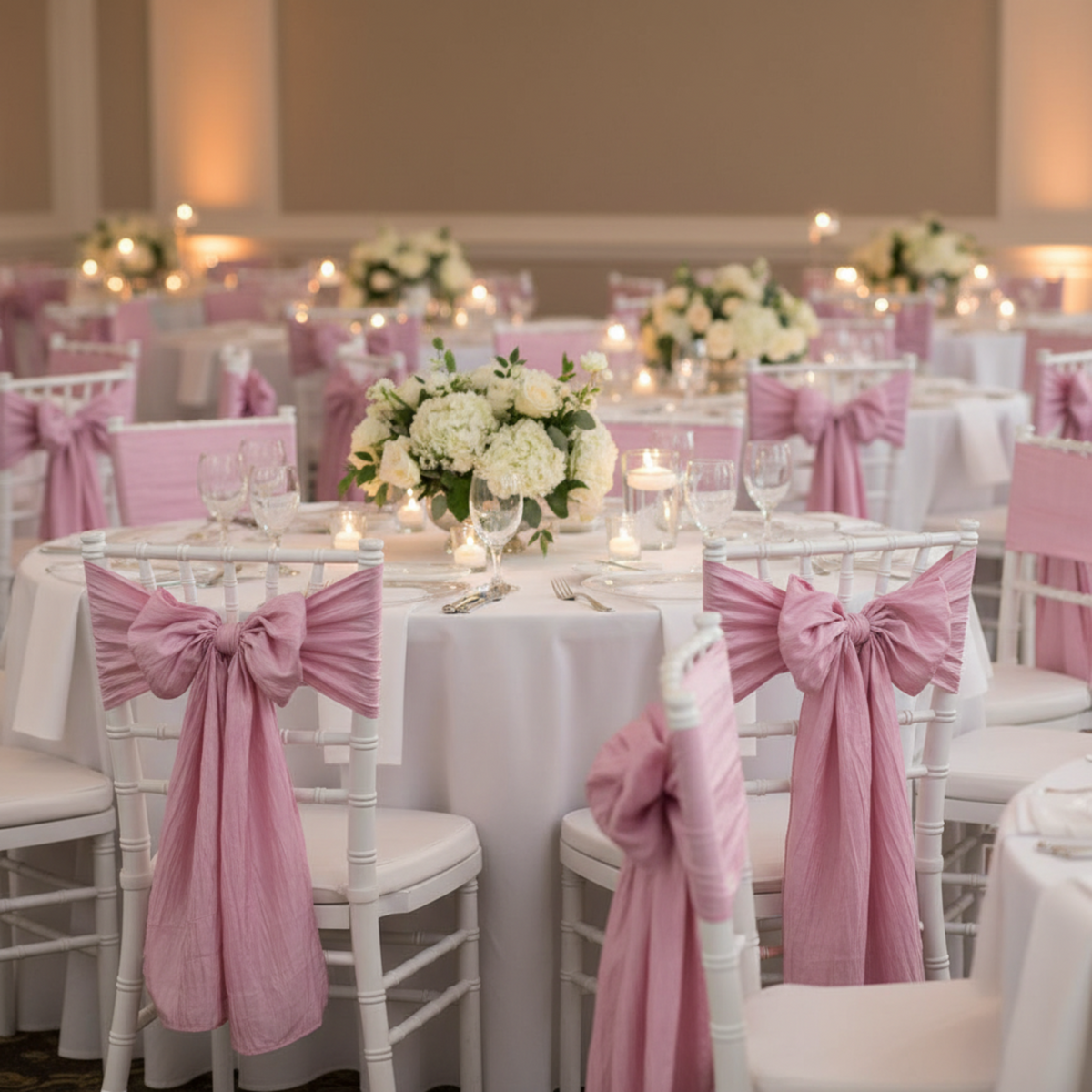 Indoor banquet with dusty rose pink chair sashes