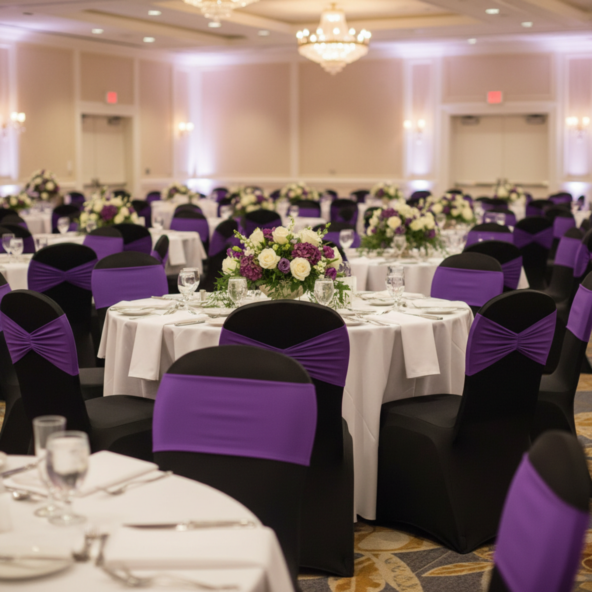 Indoor Banquet - Black Chair Cover + Purple Band