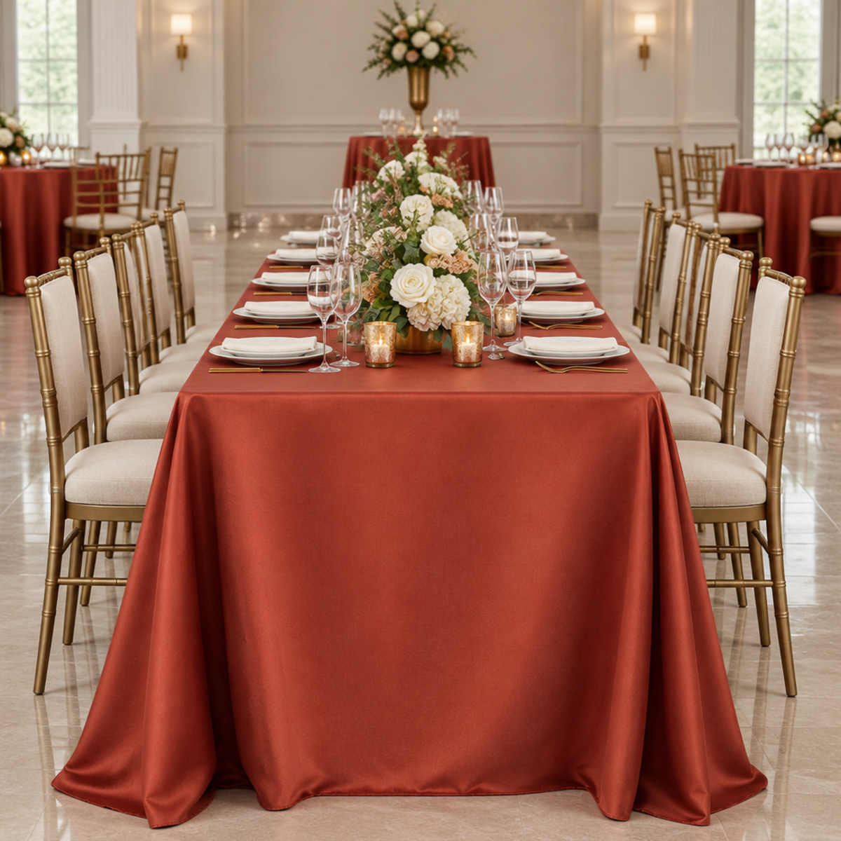 Eye-level view down the table