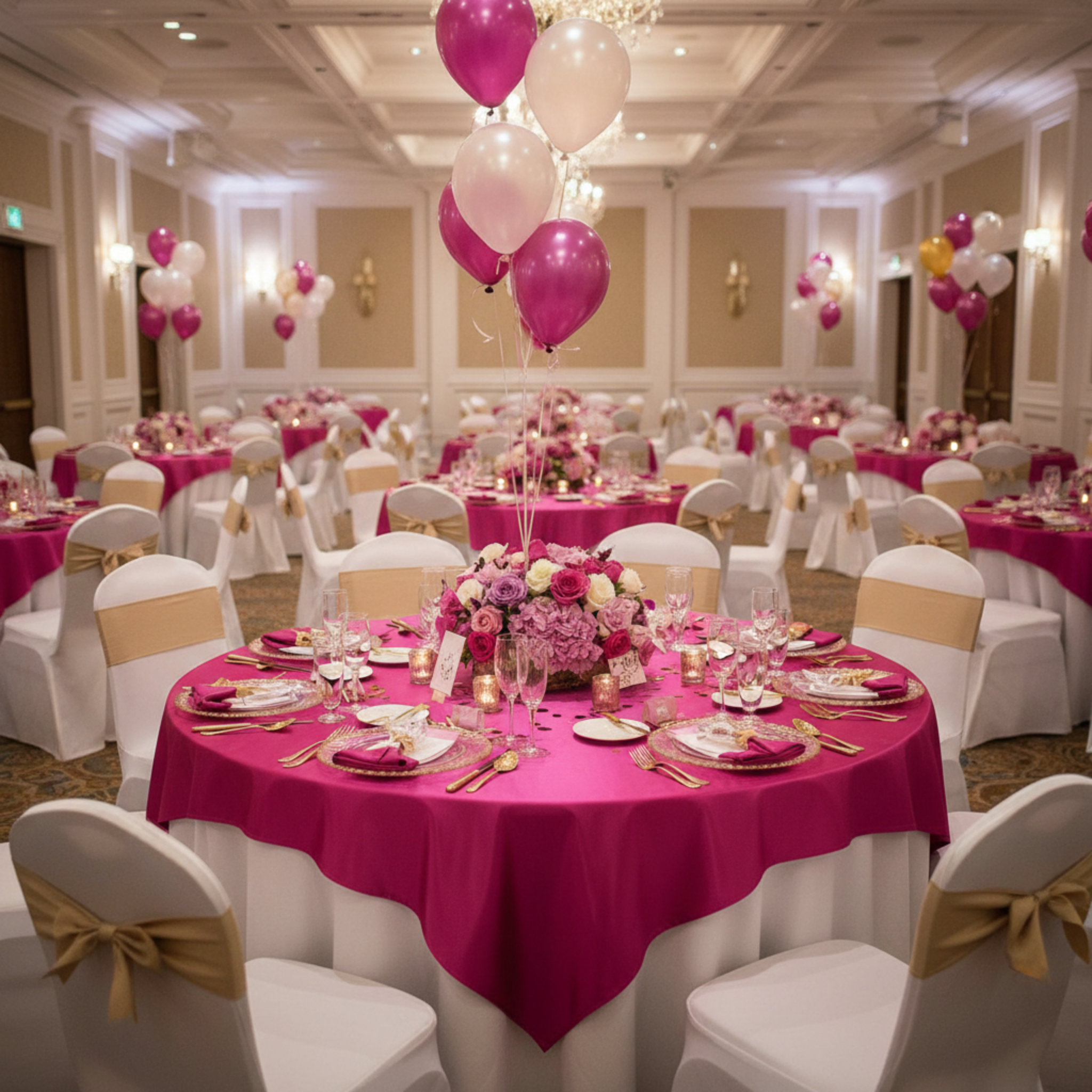 Indoor Birthday Party – Fuchsia Square 72x72 Satin Table Overlay 