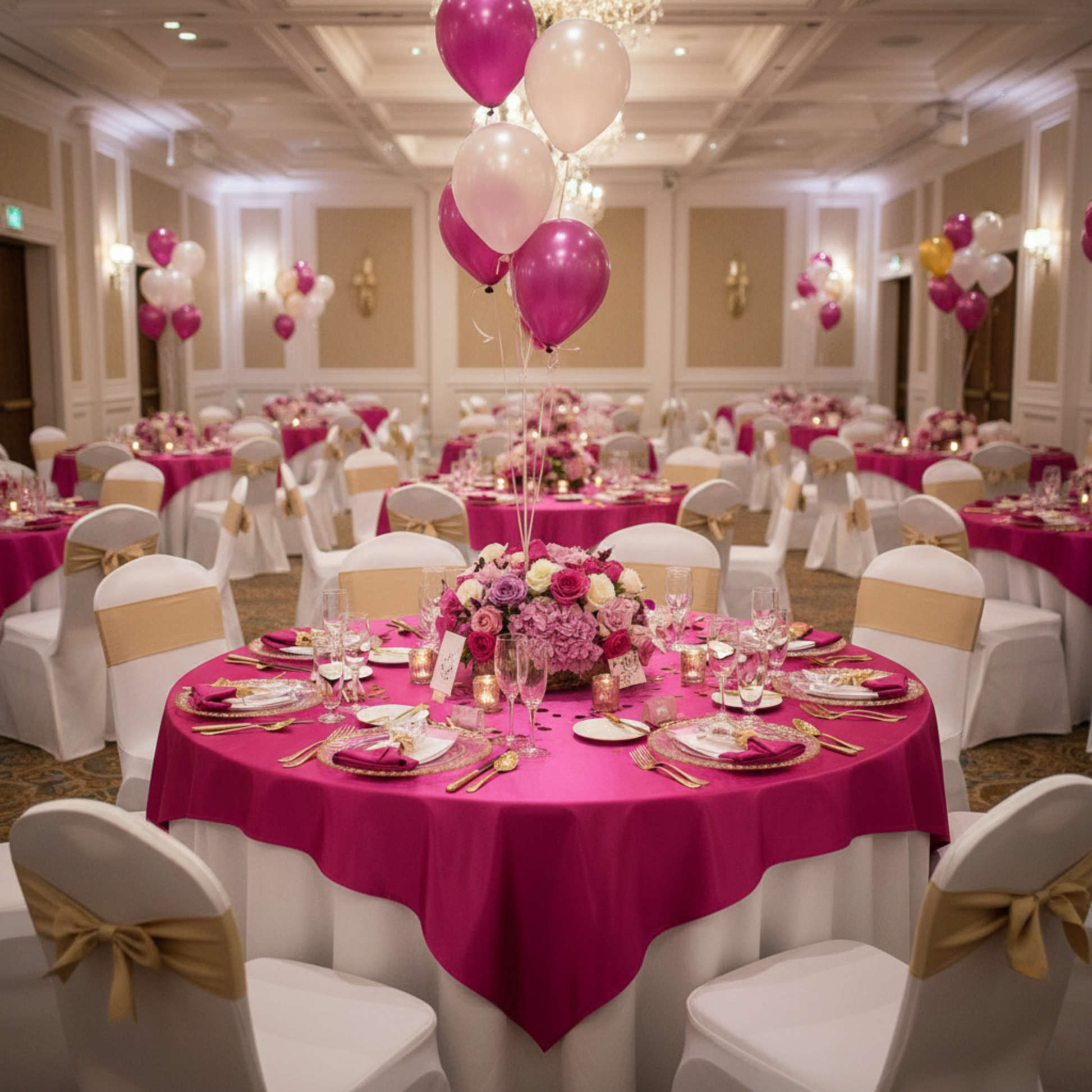 Indoor Birthday Party – Fuchsia Square 72x72 Satin Table Overlay 