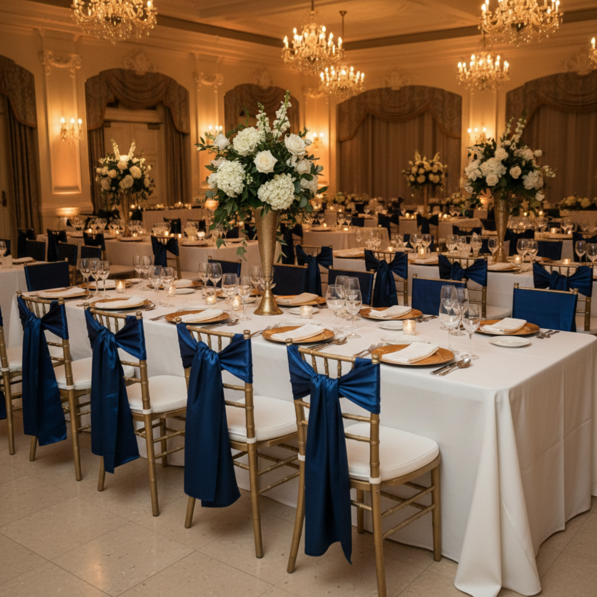 Indoor Black-Tie Gala Navy Blue Wide Satin Chair Sash 