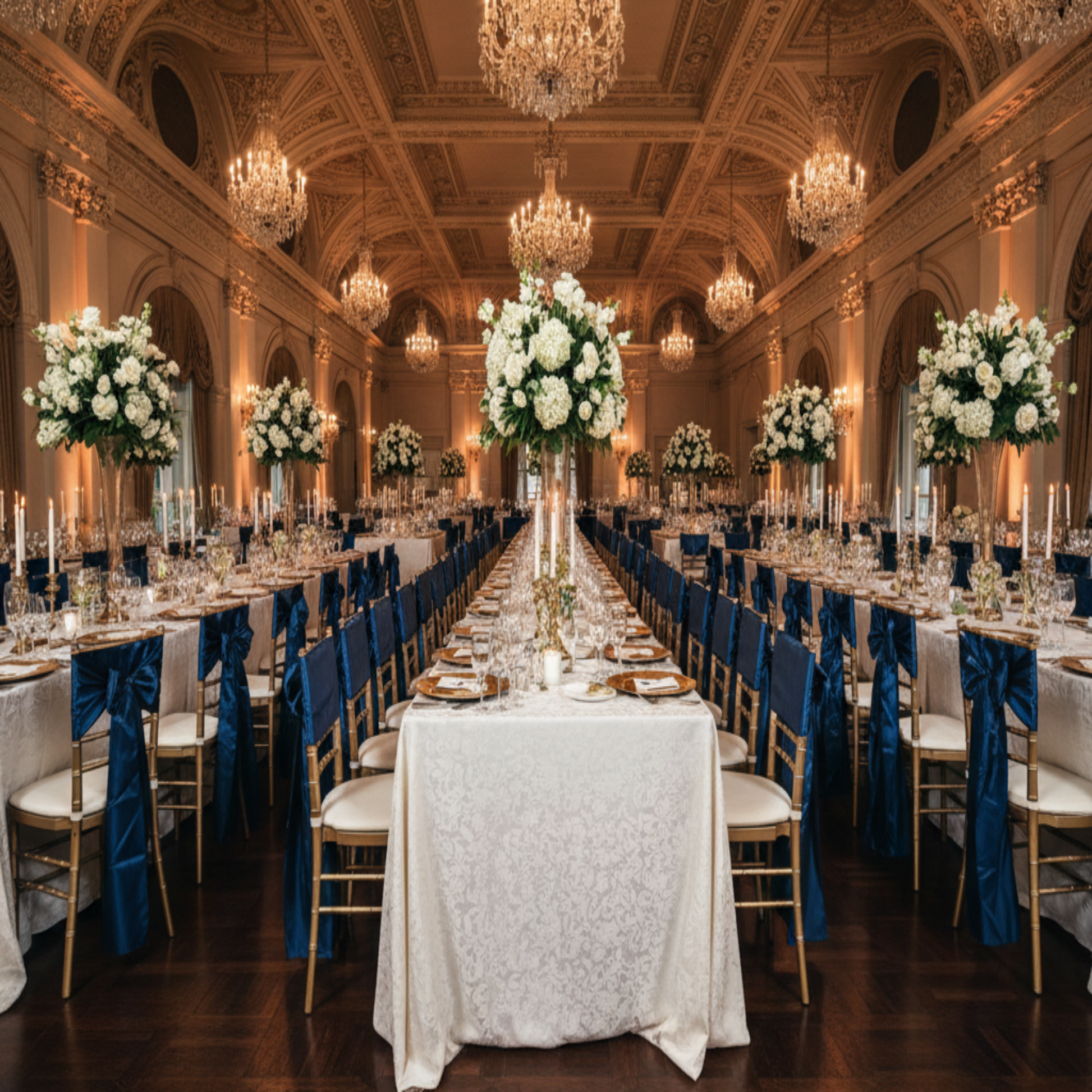 Indoor Black-Tie Gala Navy Blue Wide Satin Chair Sash 
