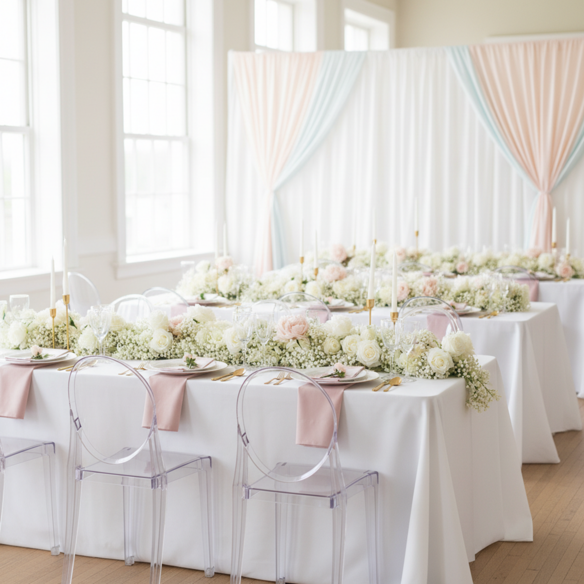Indoor Bridal Shower White 2 pcs/pk Premade Rose and Baby's Breath Flower Backdrop Arch/Table Runner 