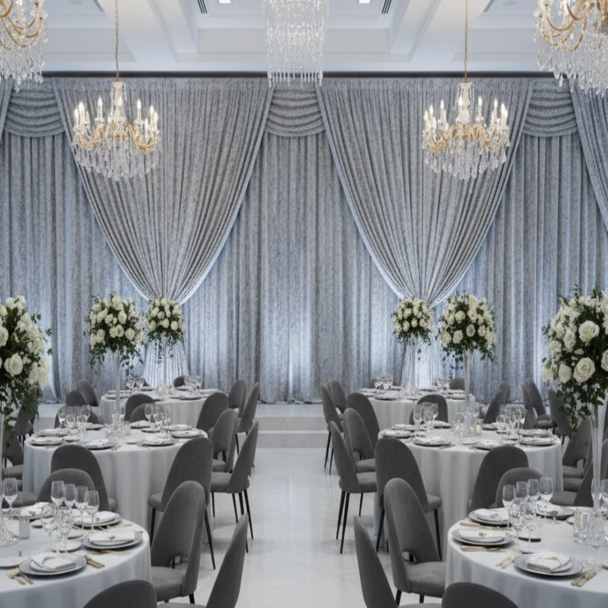 Indoor Corporate Banquet with Silver Velvet Drape