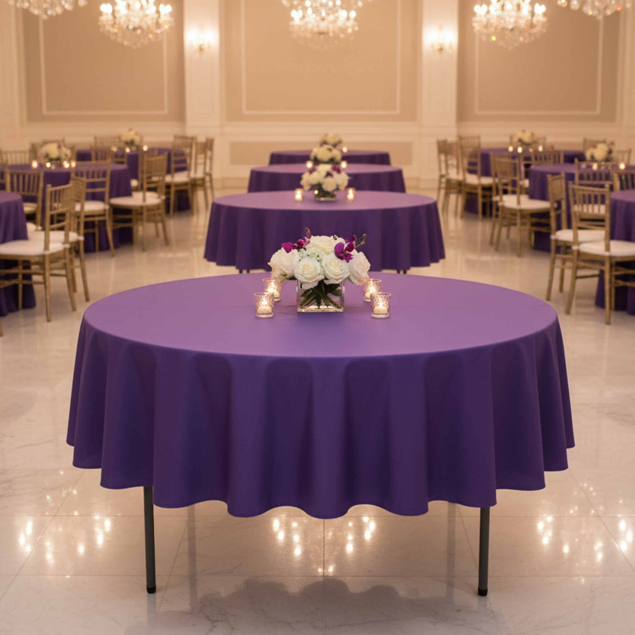 Indoor corporate gala purple tablecloth