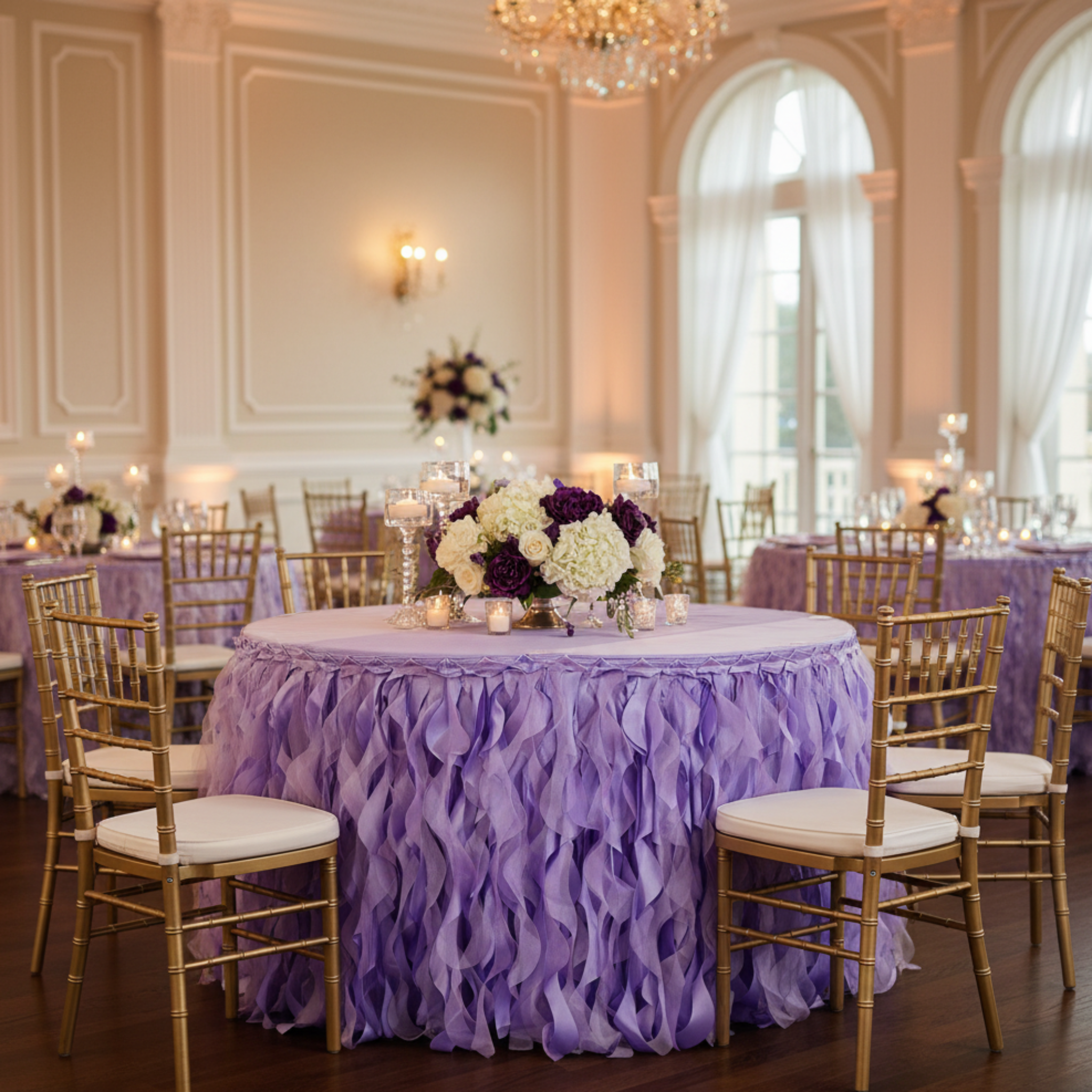 Indoor Round Table - Victorian Lilac Curly Willow Table Skirt
