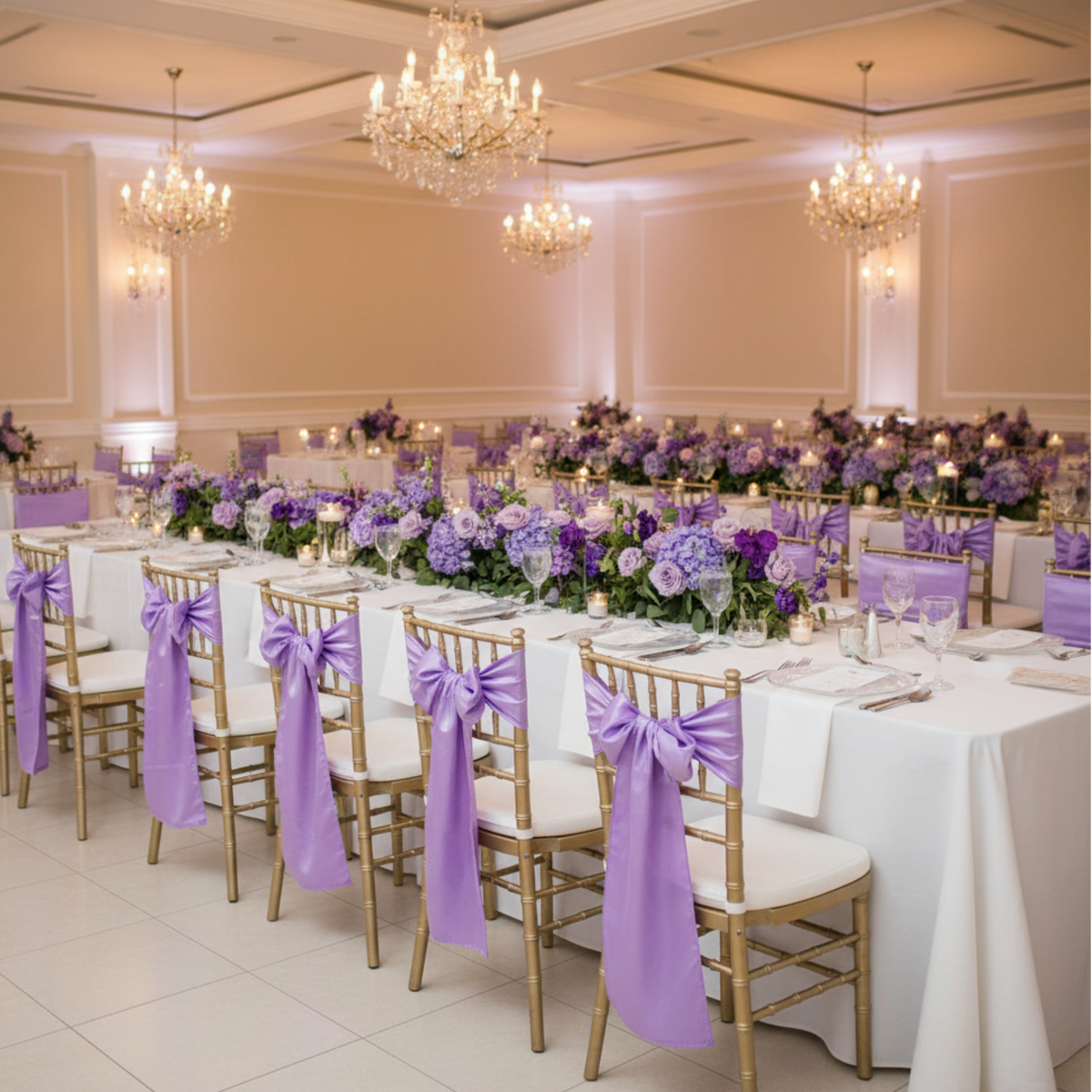 Indoor elegant venue with lilac chair sashes