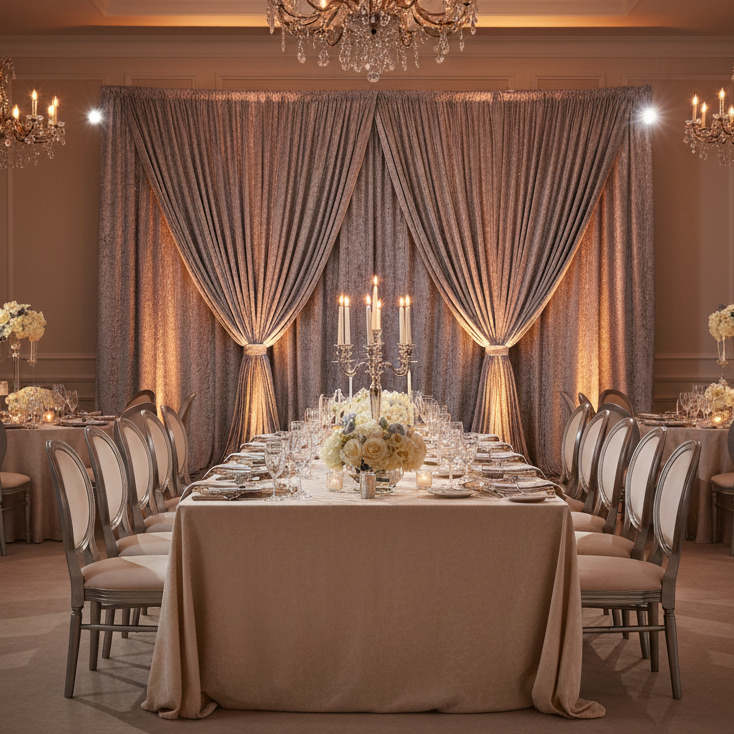 Indoor event with silver velvet backdrop