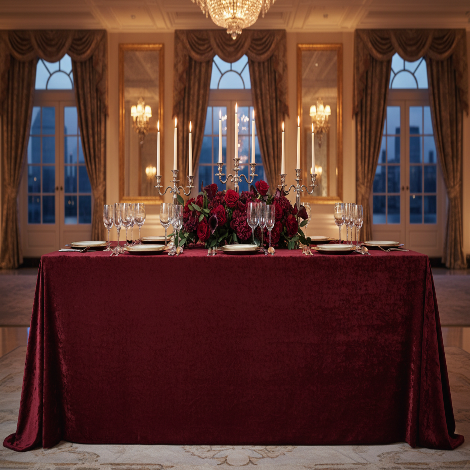 Formal Event Indoor Reception with 90x132 Burgundy Velvet Rectangular Tablecloth
