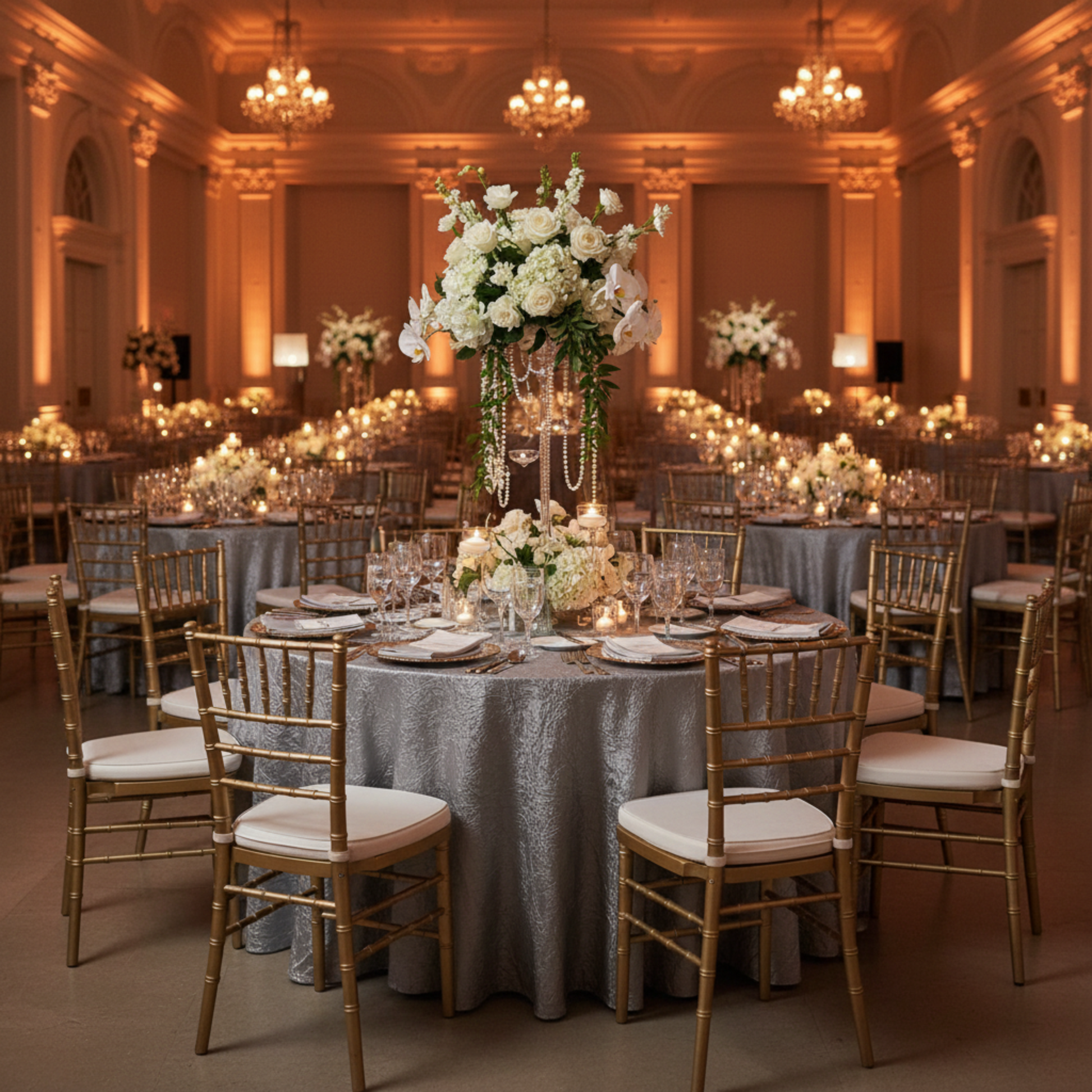 Indoor Formal Gala Silver Crushed Taffeta 120" Round Tablecloth