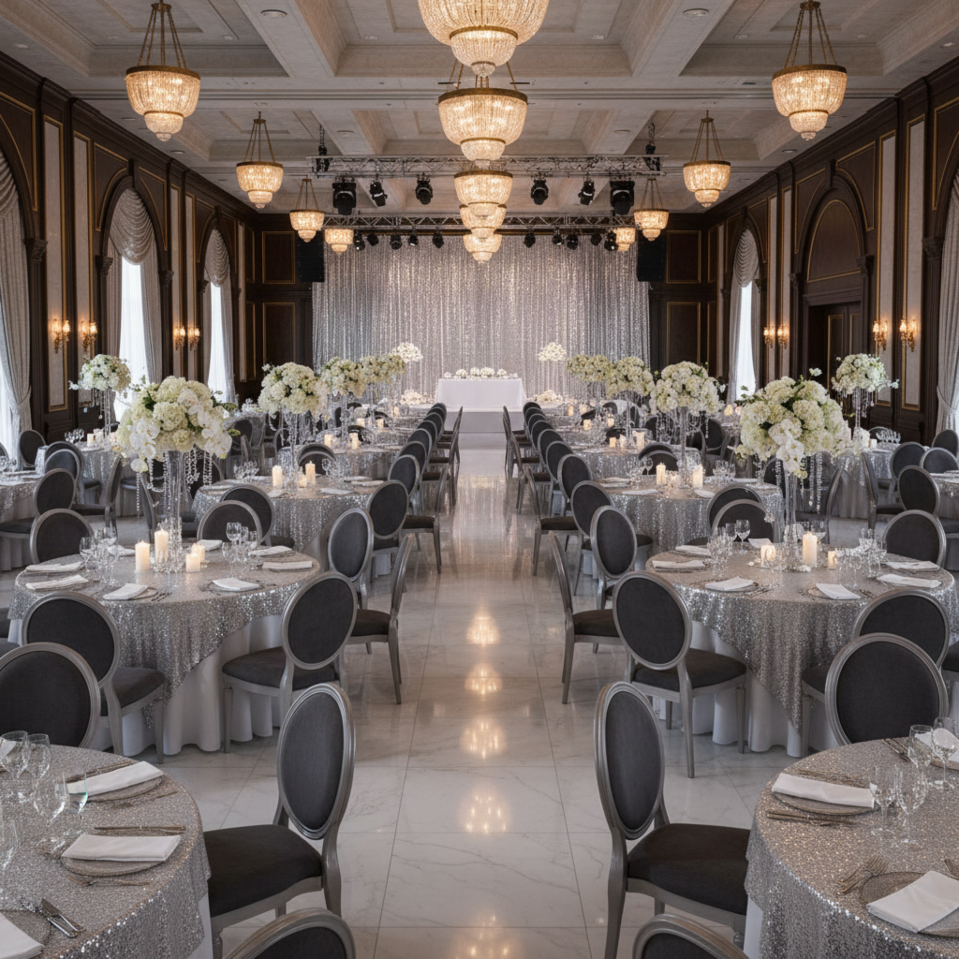 Indoor Gala Banquet Hall Silver Glitz Sequin 72x72 Table Overlay Topper Square 