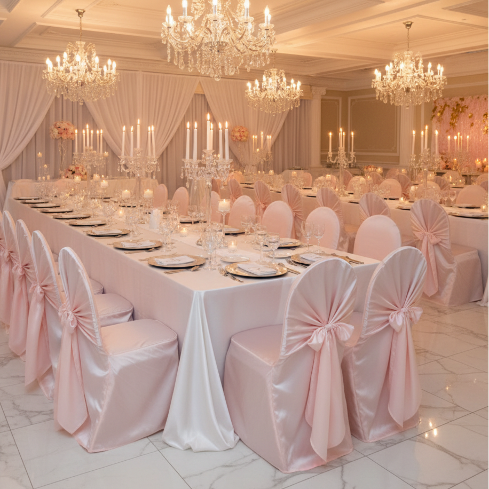 Indoor Gala Blush Satin Chair Covers