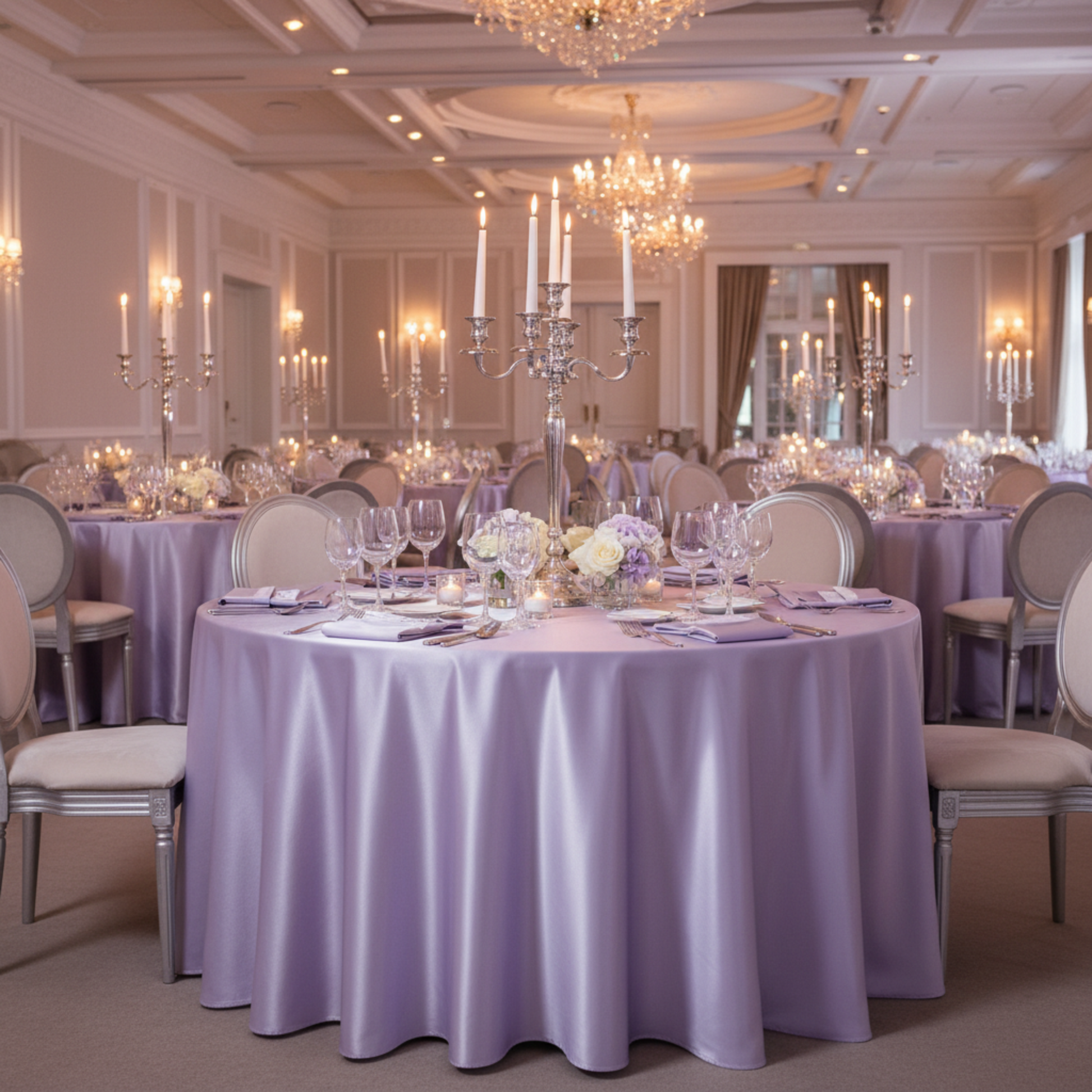 Indoor Gala Dinner Lavender Satin 132 Round Tablecloth 