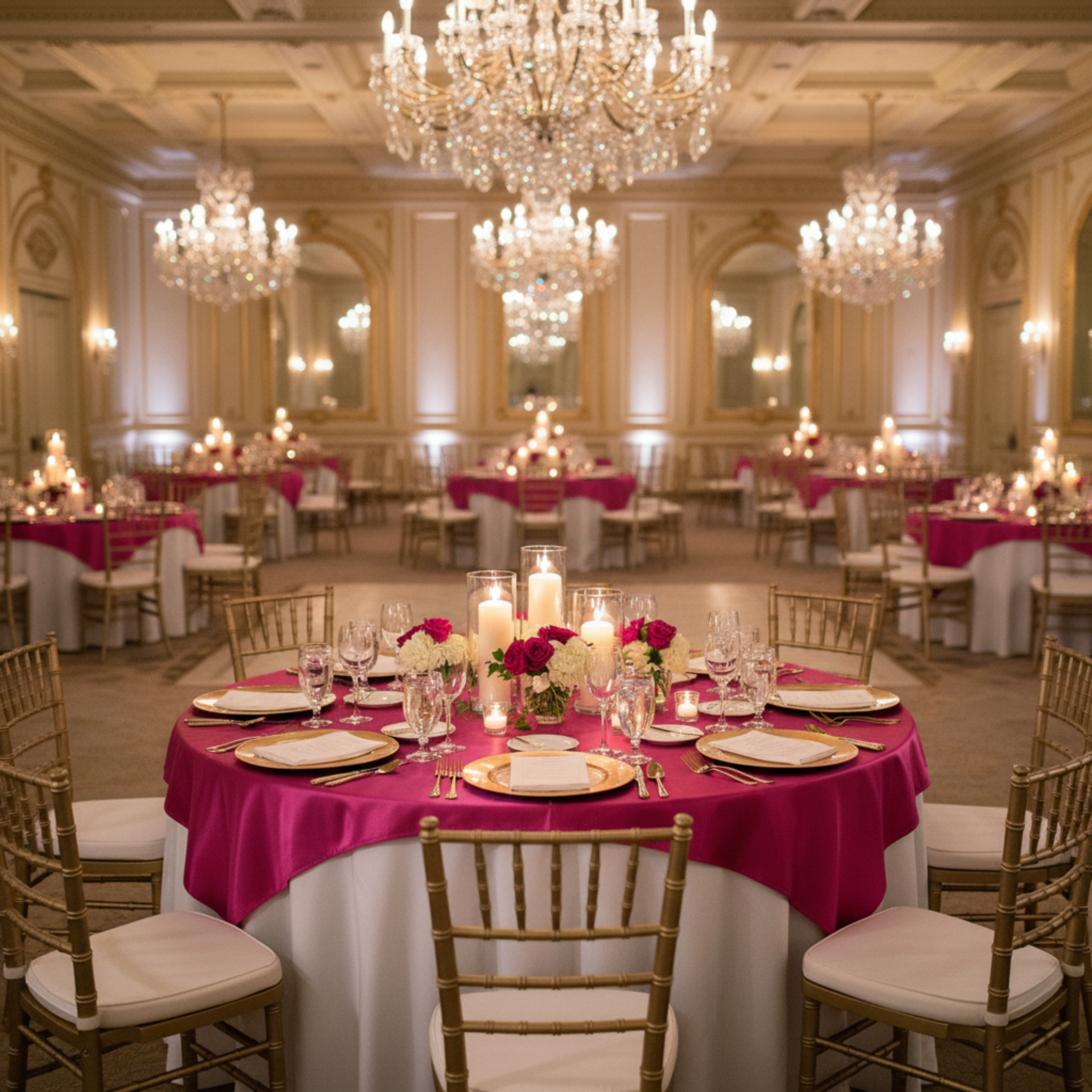 Indoor Gala – Fuchsia Square 72x72 Satin Table Overlay 