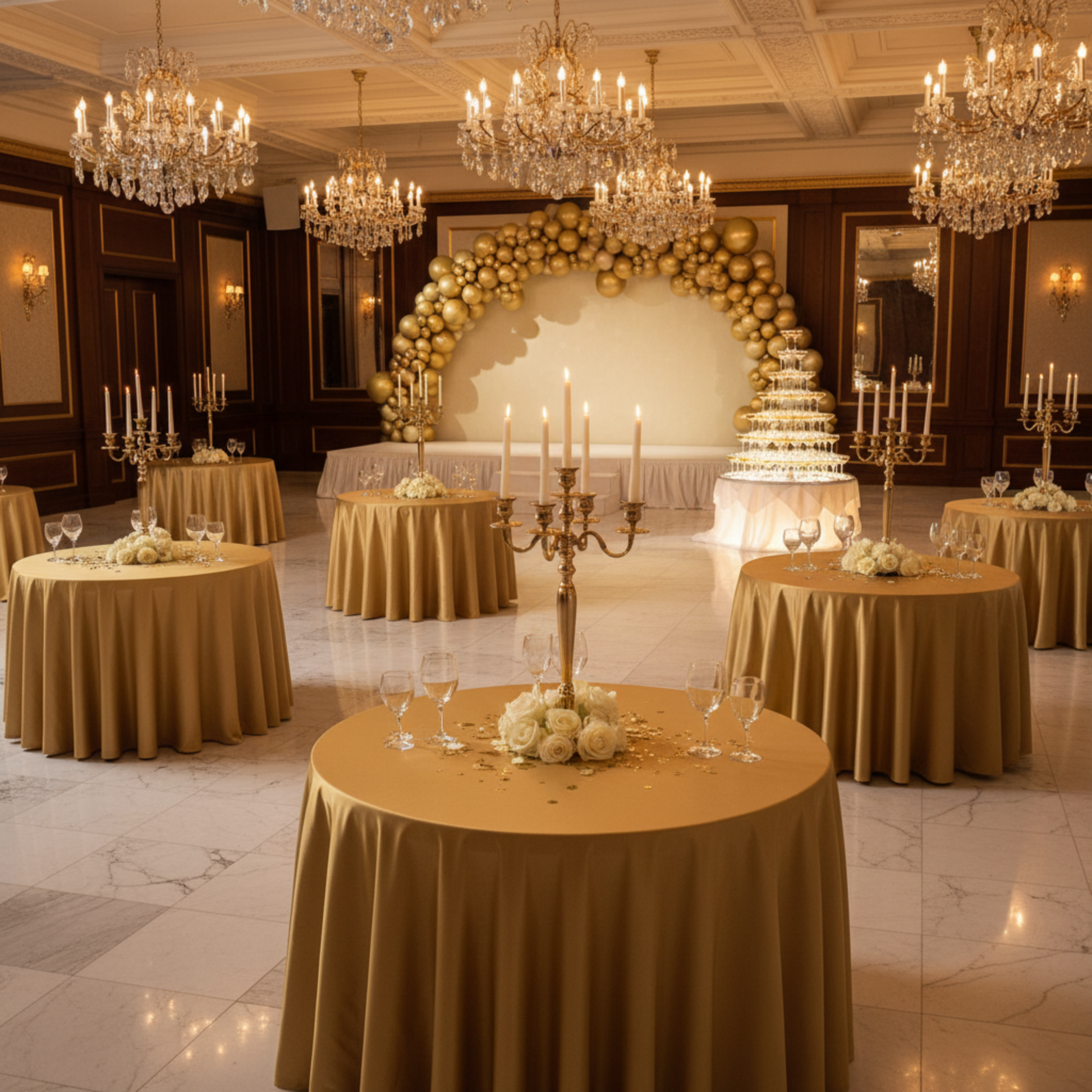 Indoor Golden Anniversary Gala Gold Taffeta 120" Round Tablecloth 