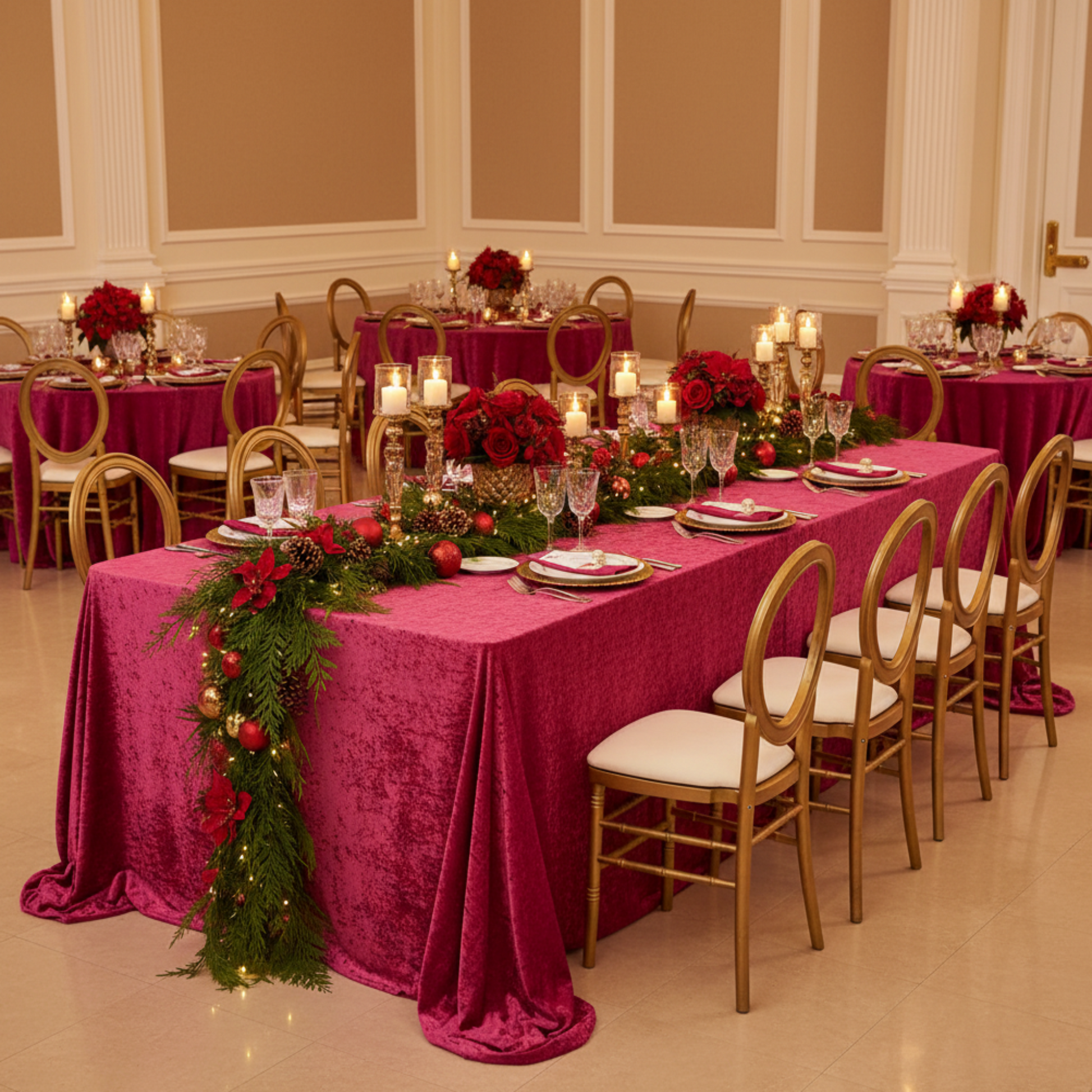 Indoor Holiday Party Fuchsia Velvet 90" x 132" Rectangular Tablecloth 
