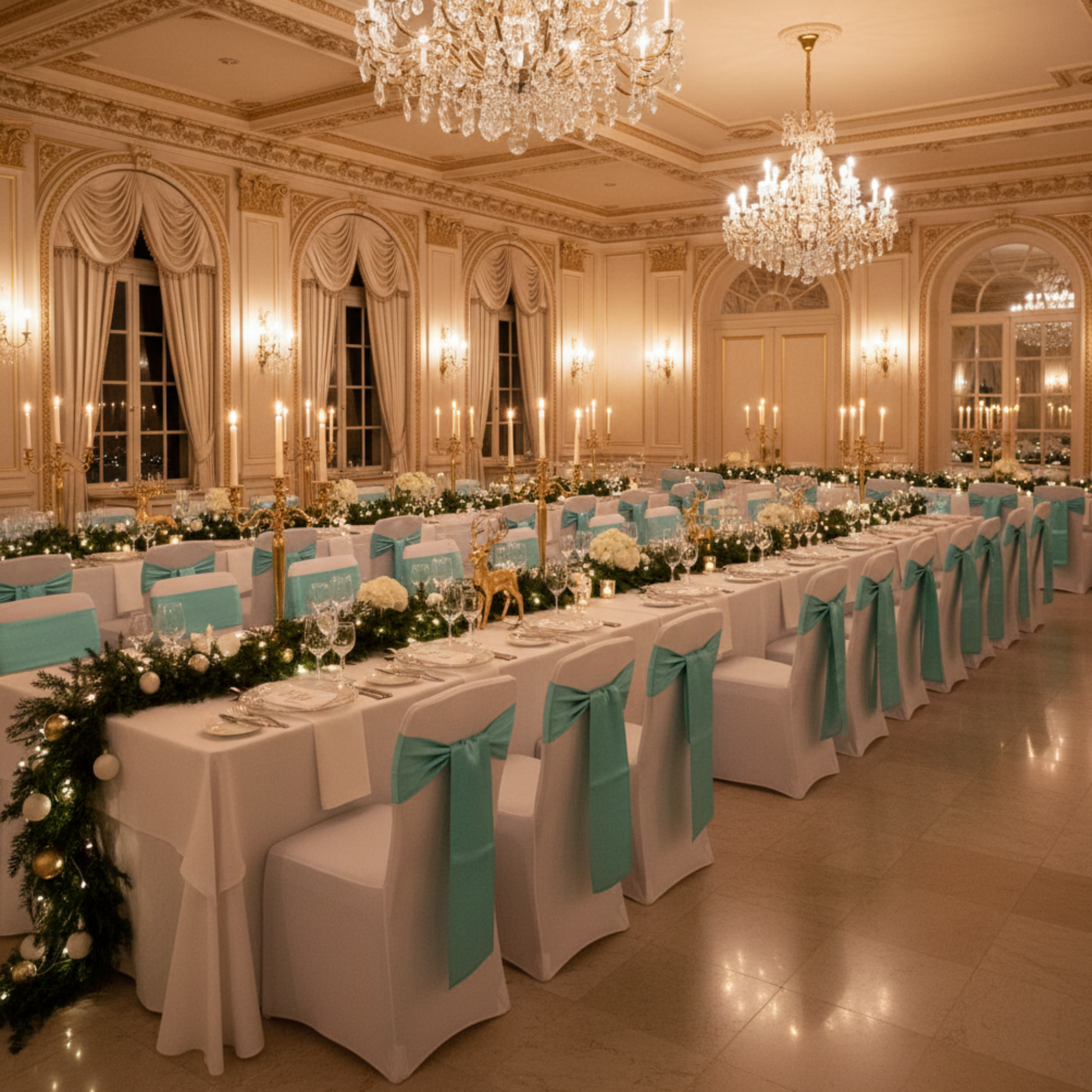 Indoor Holiday Party - Light Turquoise Satin Chair Sash