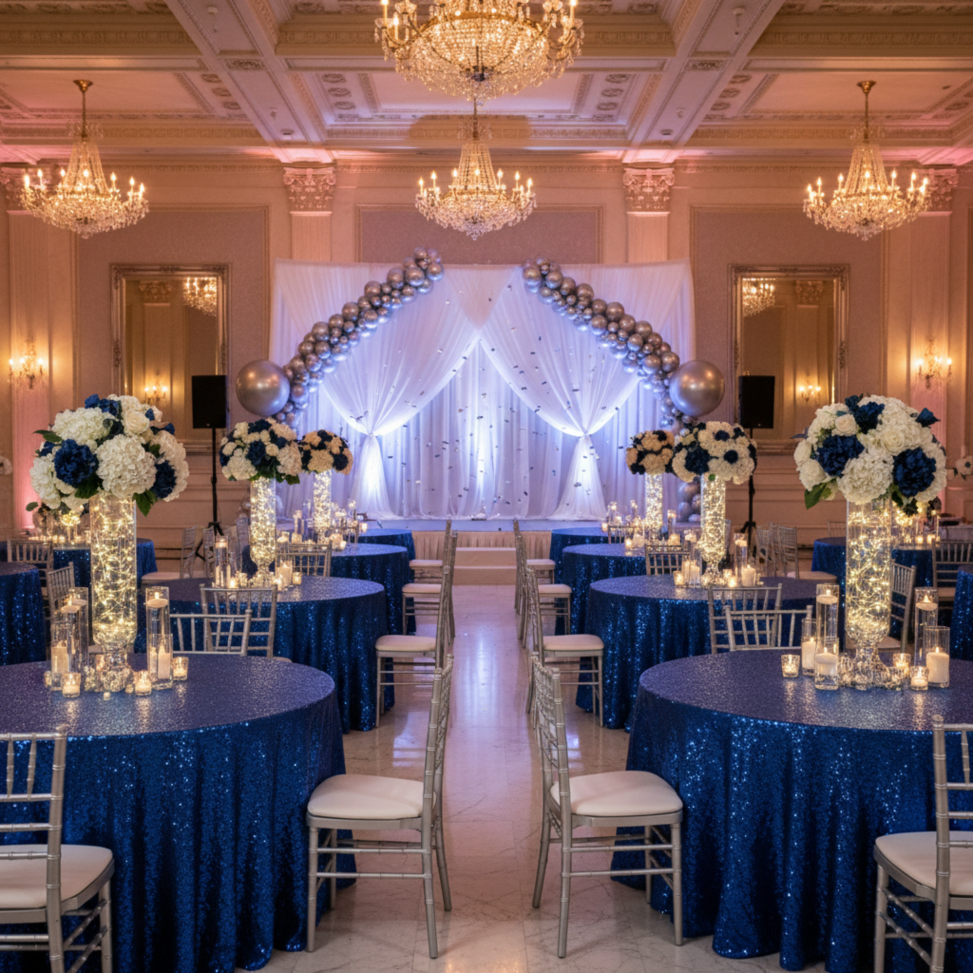 Indoor Prom Reception with 120 Round Royal Blue Sequin Tablecloth