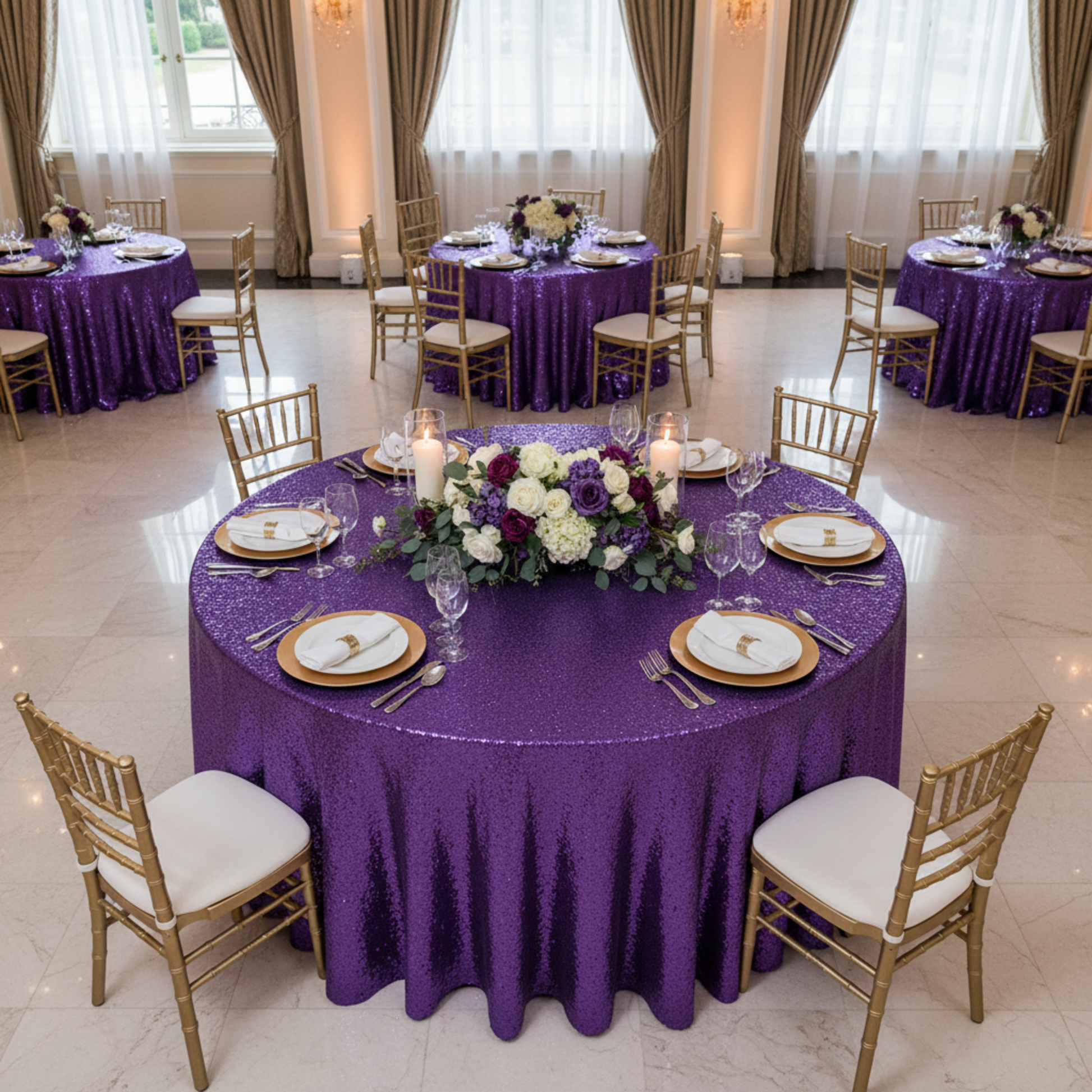 Top View Single Table - Purple Glitz Sequin Tablecloth
