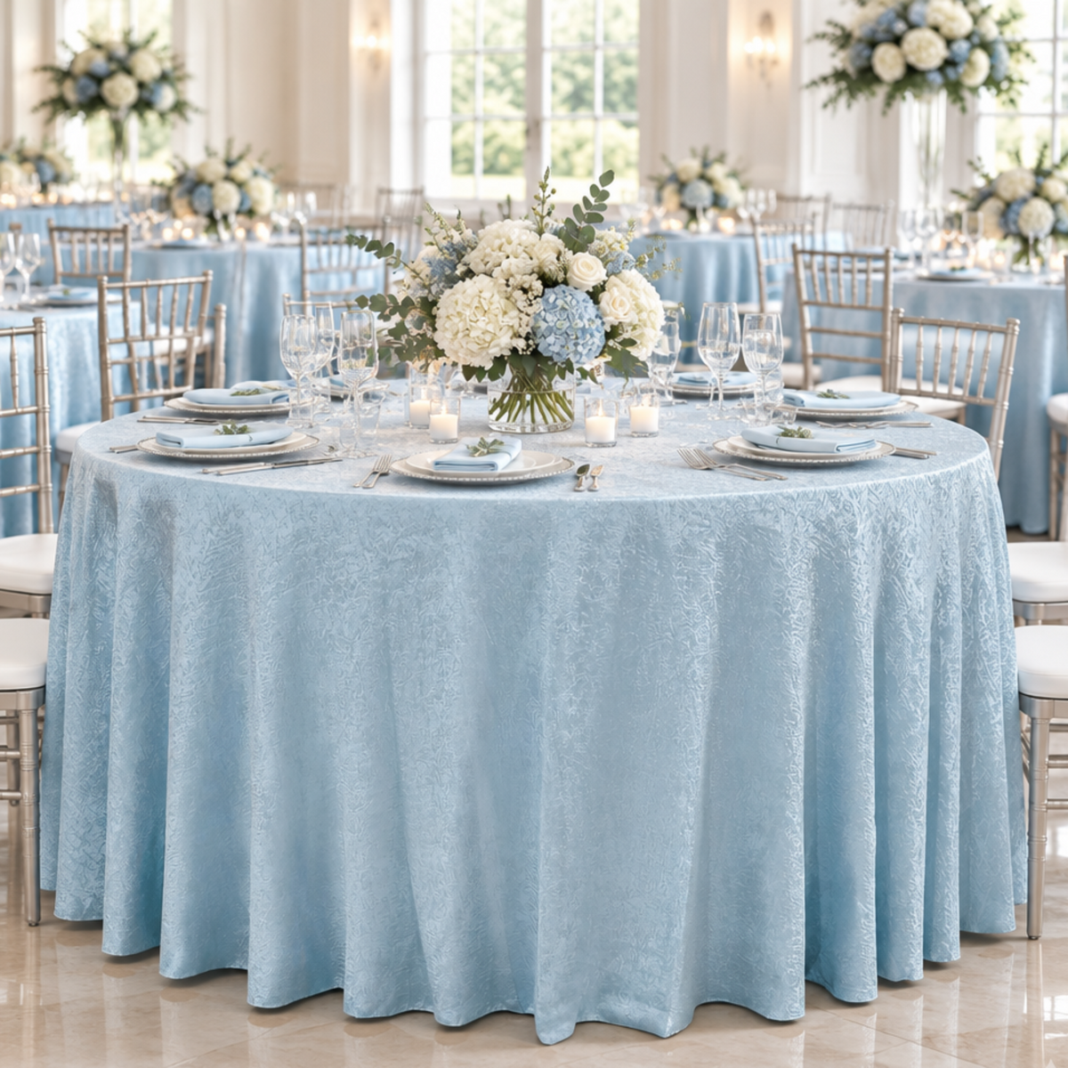 Indoor reception with baby-blue tablecloth