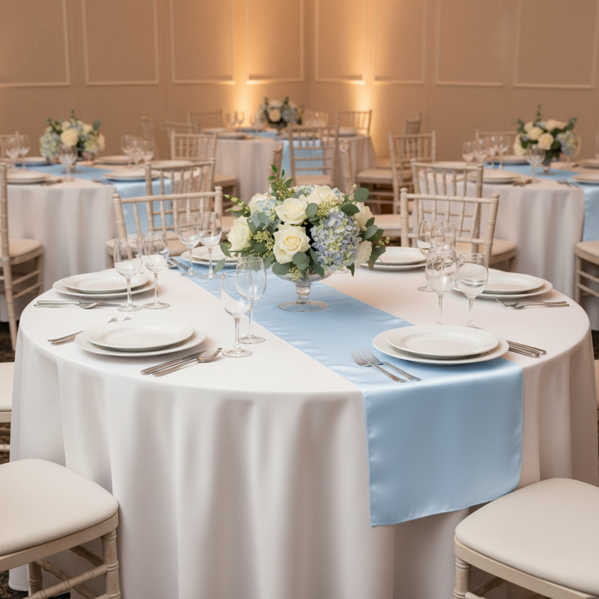 Indoor Round Table - White Tablecloth